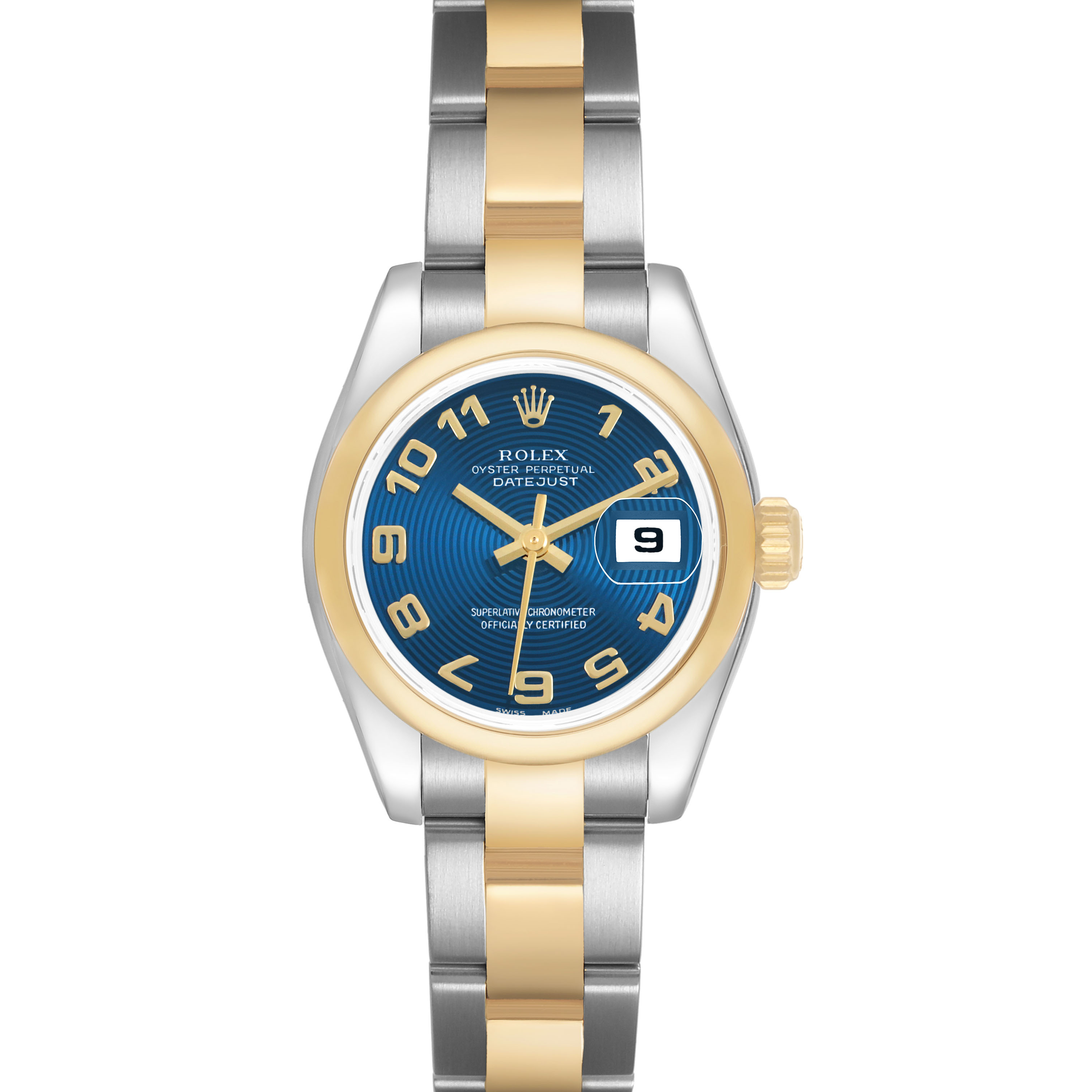 The image shows a frontal view of the Rolex Datejust 179163 Women's Steel and Gold (two tone) Blue Dial, featuring a blue dial, two-tone bracelet, and cyclops lens over the date.
