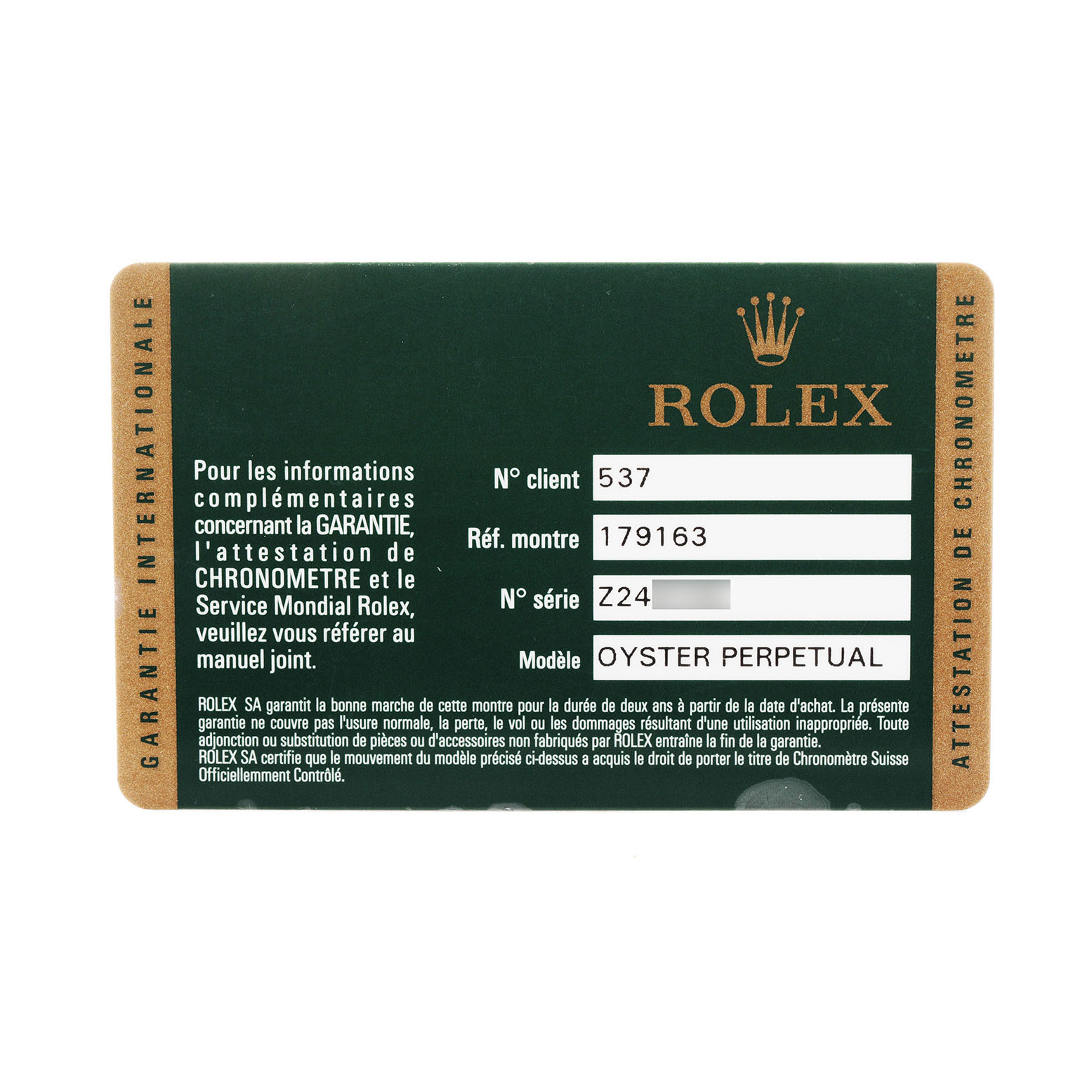 The image shows a warranty card for a Rolex Datejust 179163 Women's Steel and Gold (two tone) Blue Dial Oyster Perpetual, not the watch itself.
