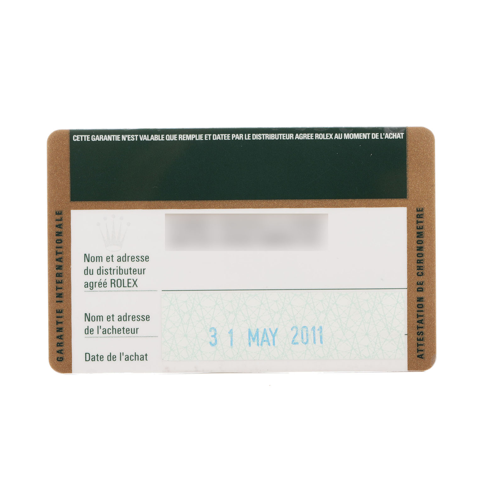 The image shows a Rolex Datejust 179163 Women's Steel and Gold (two tone) Blue Dial warranty card, viewed from the front, displaying purchase details.