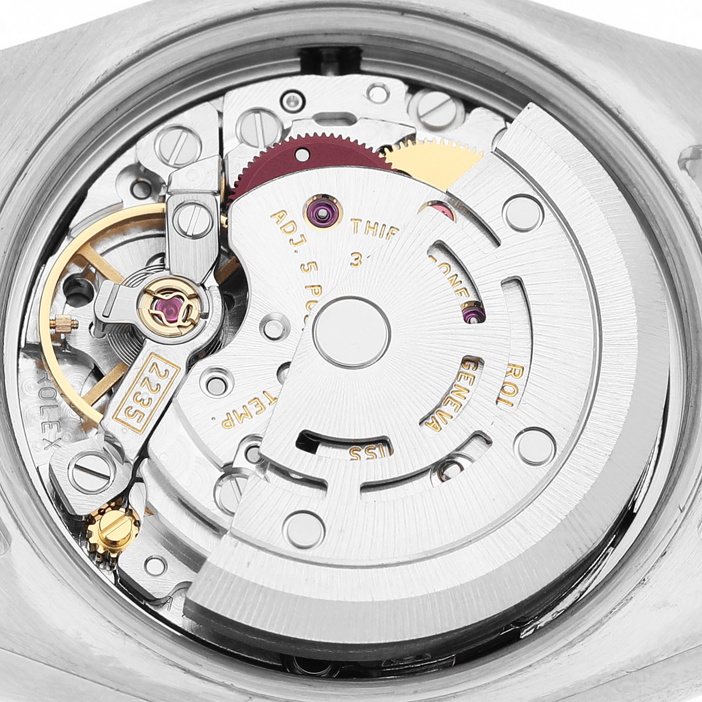 The image shows the movement of a Rolex Datejust 179163 Women's Steel and Gold (two tone) Blue Dial watch from a top-down angle, highlighting intricate components.