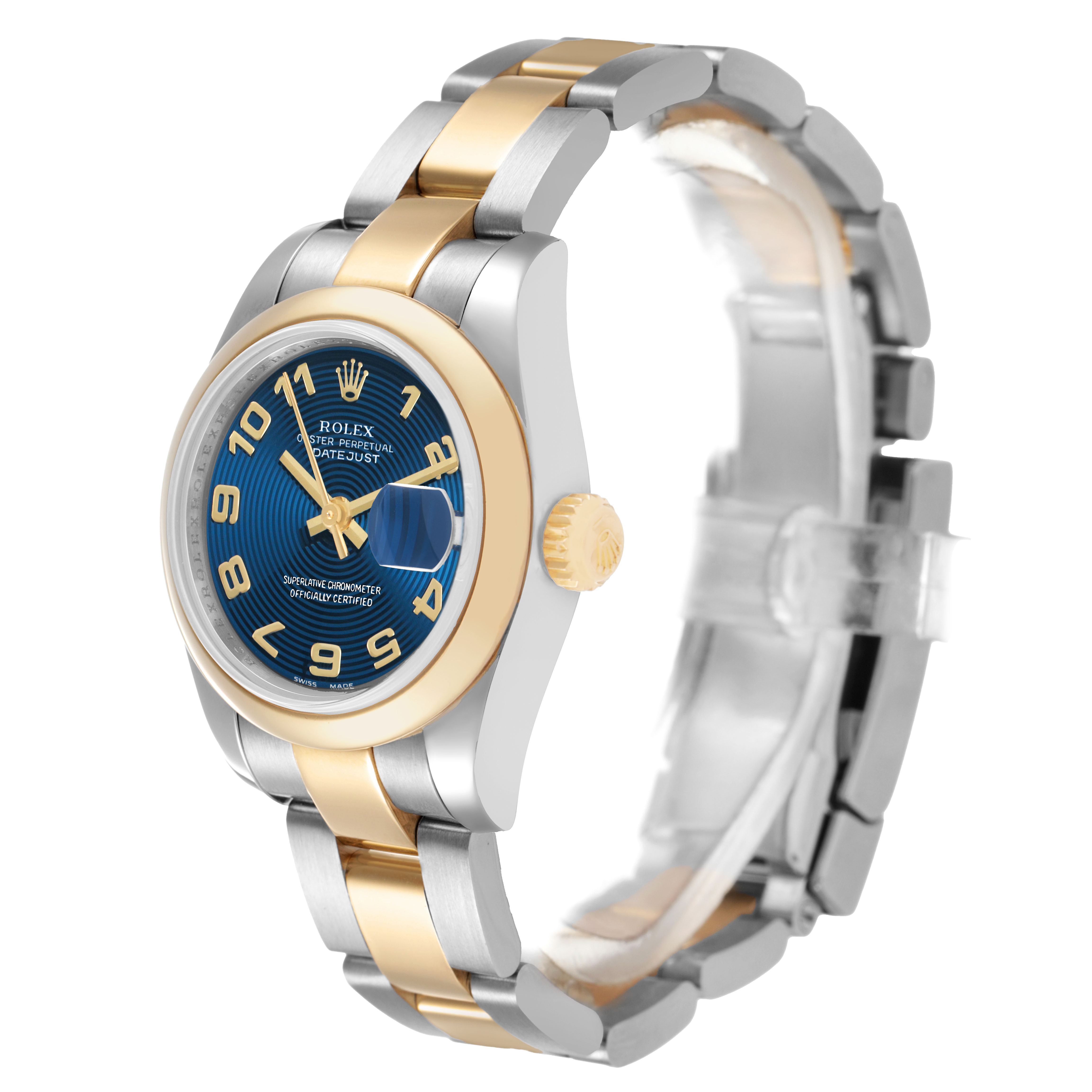The Rolex Datejust 179163 Women's Steel and Gold (two tone) Blue Dial watch is shown at a slight angle, highlighting the face, case, and part of the bracelet.