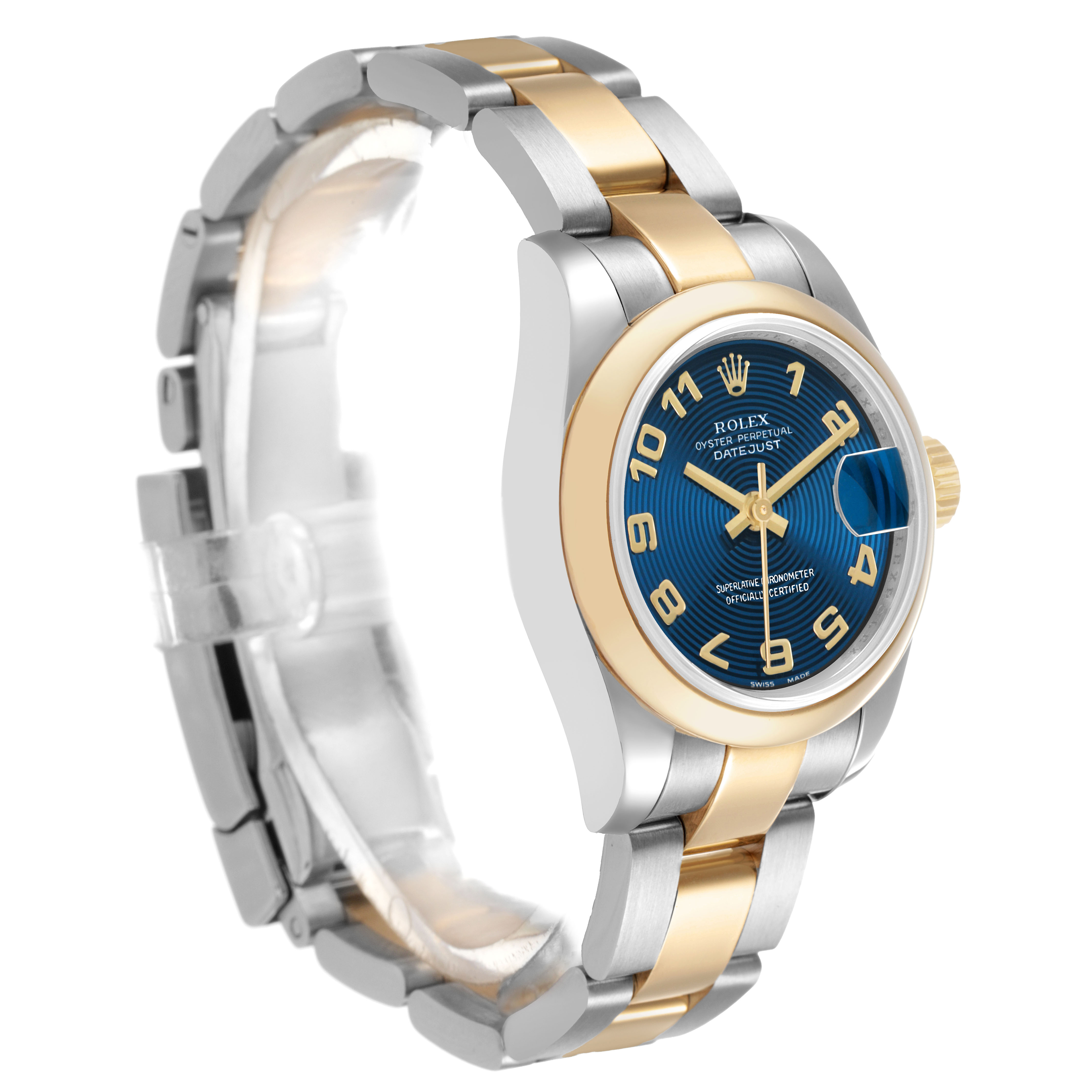 The Rolex Datejust 179163 Women's Steel and Gold (two tone) Blue Dial watch is angled showing a side view of the bracelet, dial, and crown.