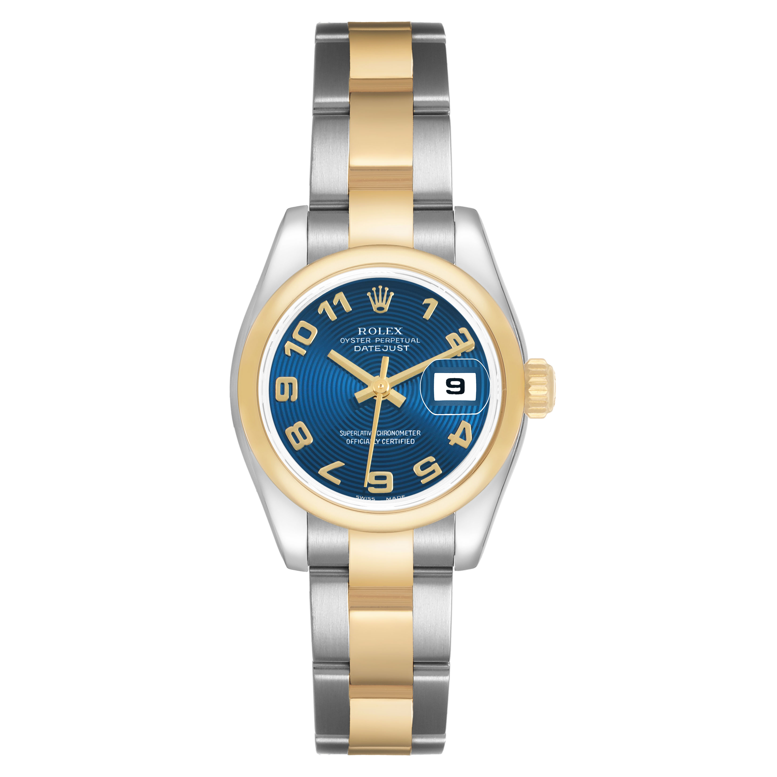 The Rolex Datejust 179163 Women's Steel and Gold (two tone) Blue Dial watch is shown from the front, highlighting the blue dial, gold bezel, and two-tone bracelet.
