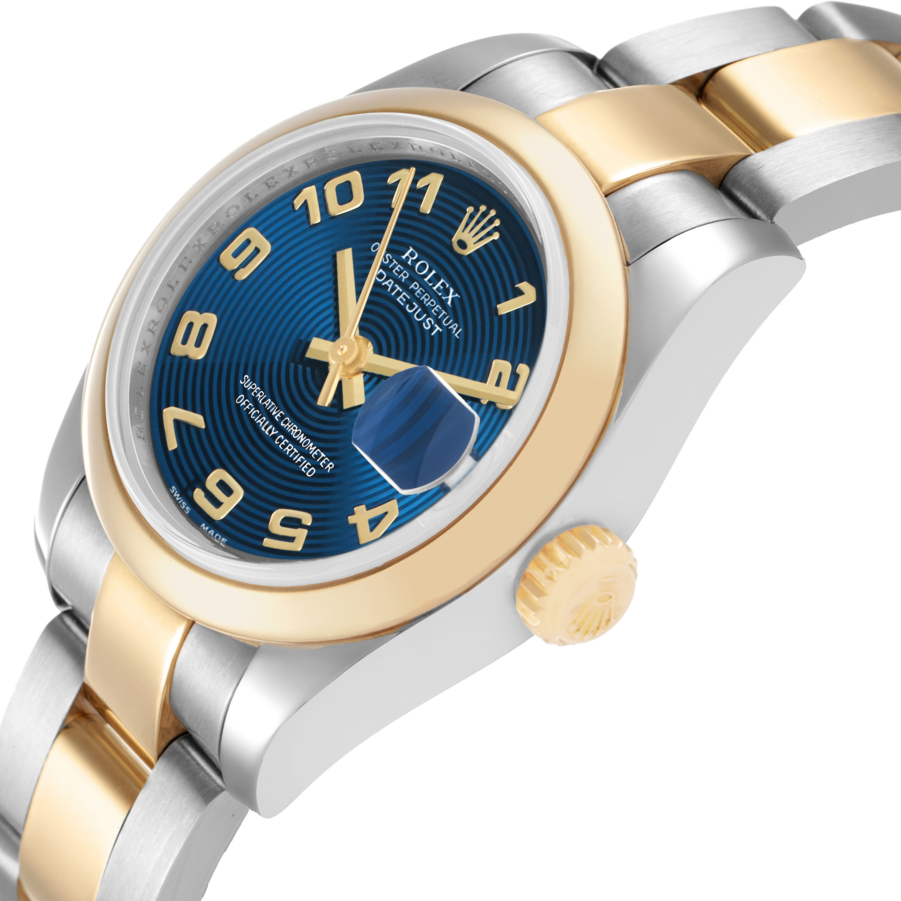 The Rolex Datejust 179163 Women's Steel and Gold (two tone) Blue Dial watch is shown at an angled side view, highlighting the blue face, gold crown, and bicolor bracelet.