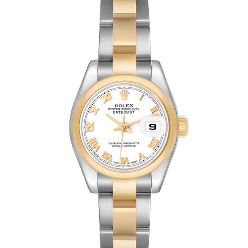 This Rolex Datejust 179163 Women's Steel and Gold (two tone) White Dial watch is shown from the front, highlighting the dial, bezel, date window, and two-tone bracelet.