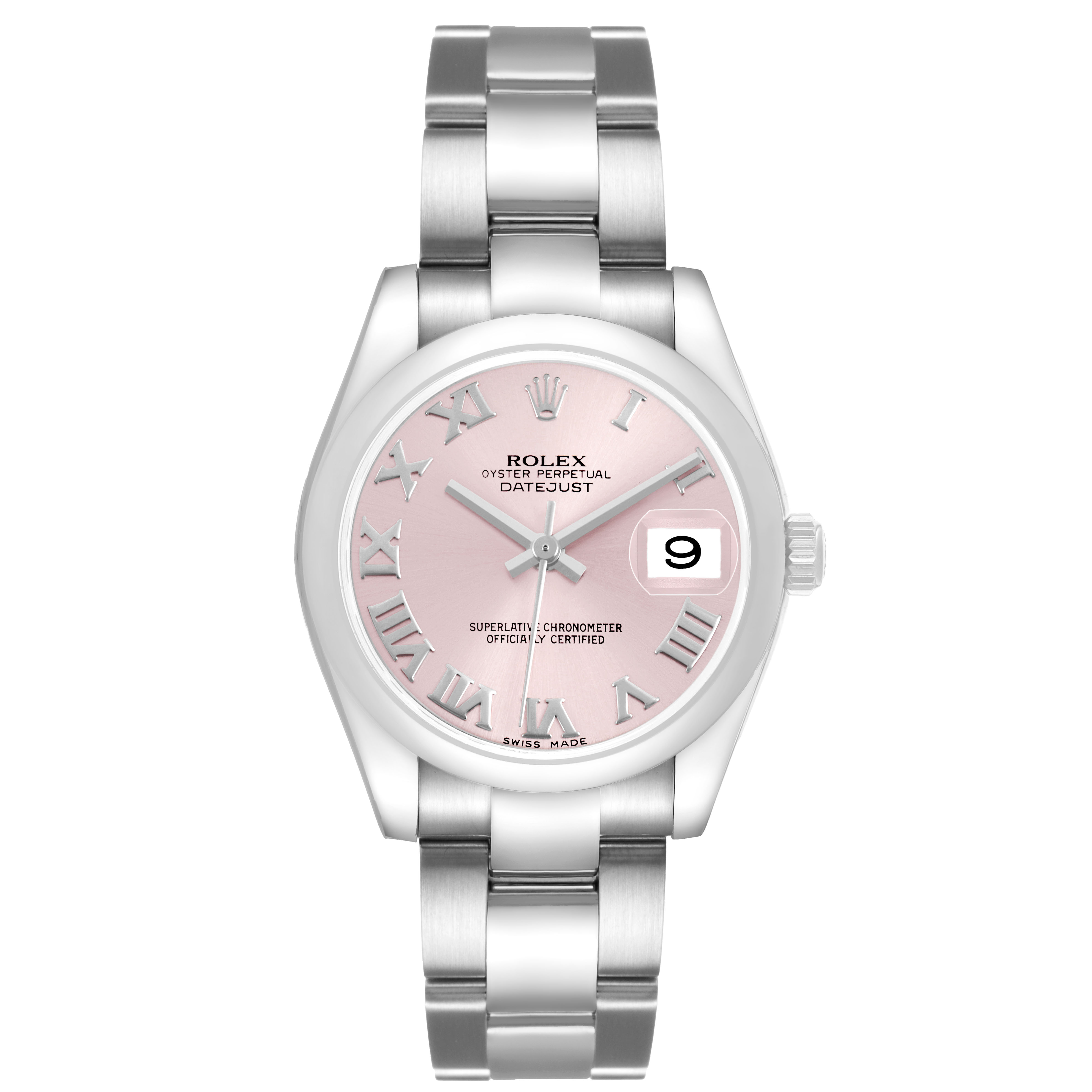 The Rolex Datejust 178240 Women's Stainless Steel Pink Dial watch is shown from a front view, highlighting the pink dial, Roman numeral markers, and the bracelet.