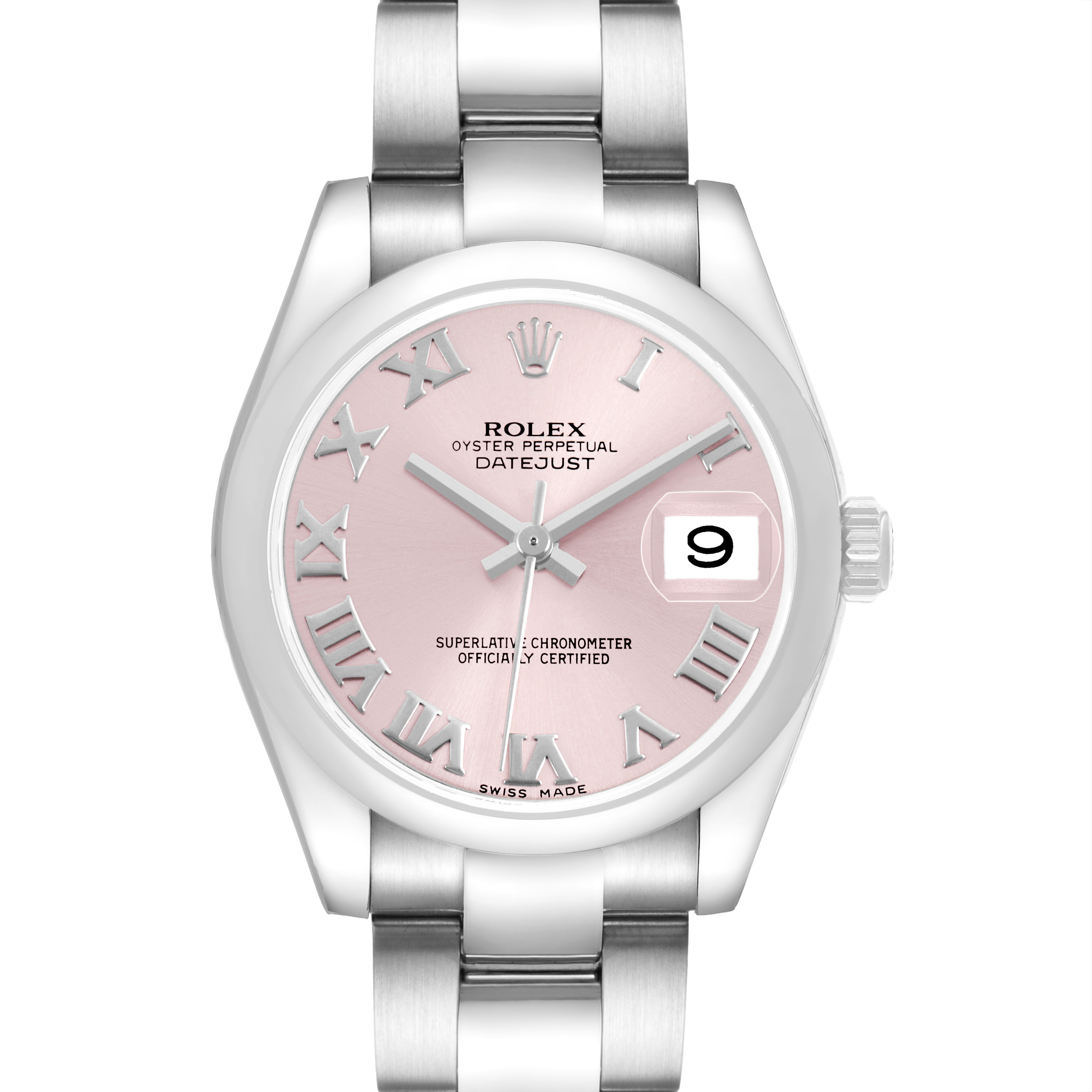 The Rolex Datejust 178240 Women's Stainless Steel Pink Dial watch is shown from a top-down angle, highlighting the pink dial, Roman numerals, bracelet, and date window.