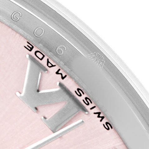 The image shows a close-up of the Rolex Datejust 178240 Women's Stainless Steel Pink Dial watch dial, highlighting the "Swiss Made" text and the bezel edge.