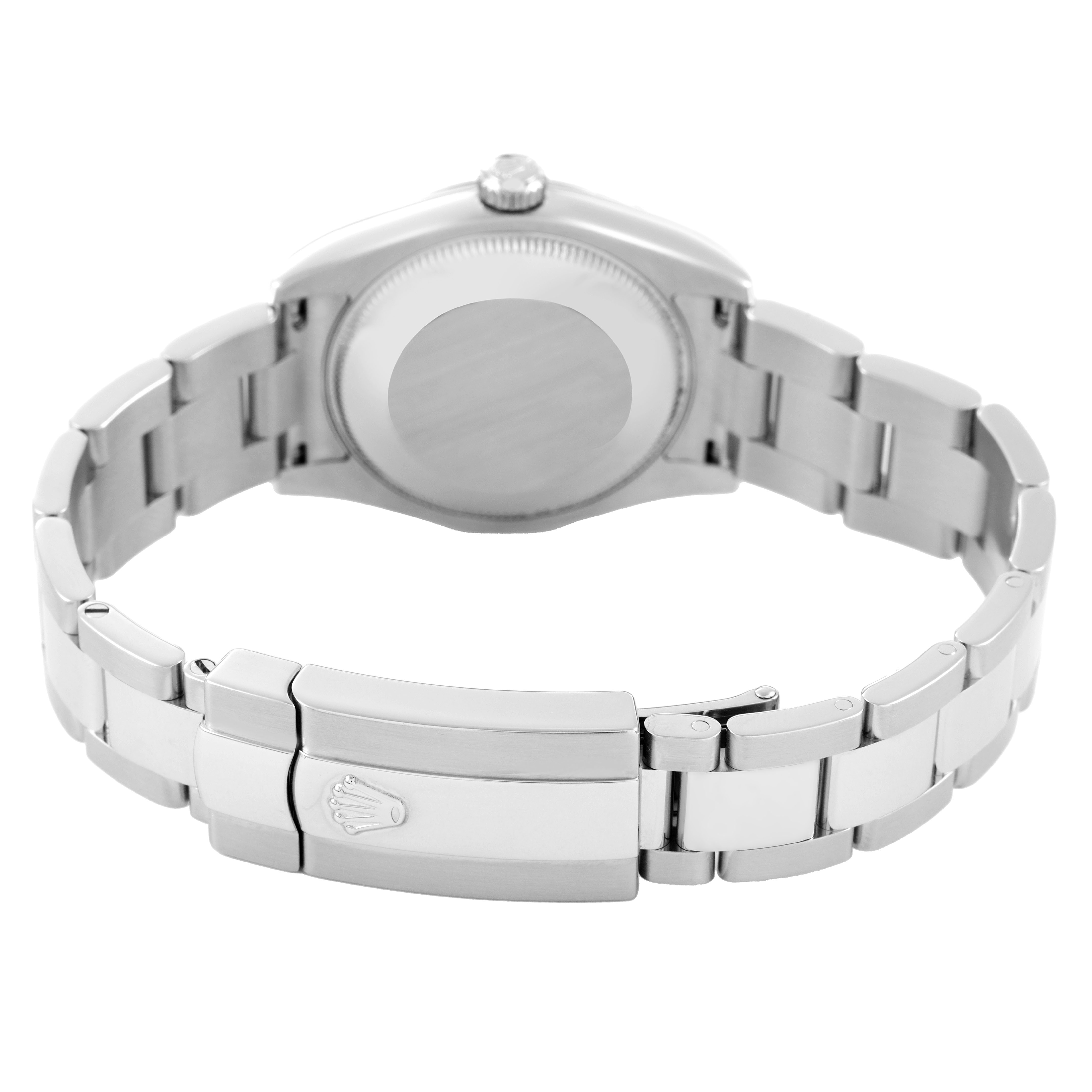 The image shows the back case and bracelet clasp of a Rolex Datejust 178240 Women's Stainless Steel Pink Dial watch from a rear angle.