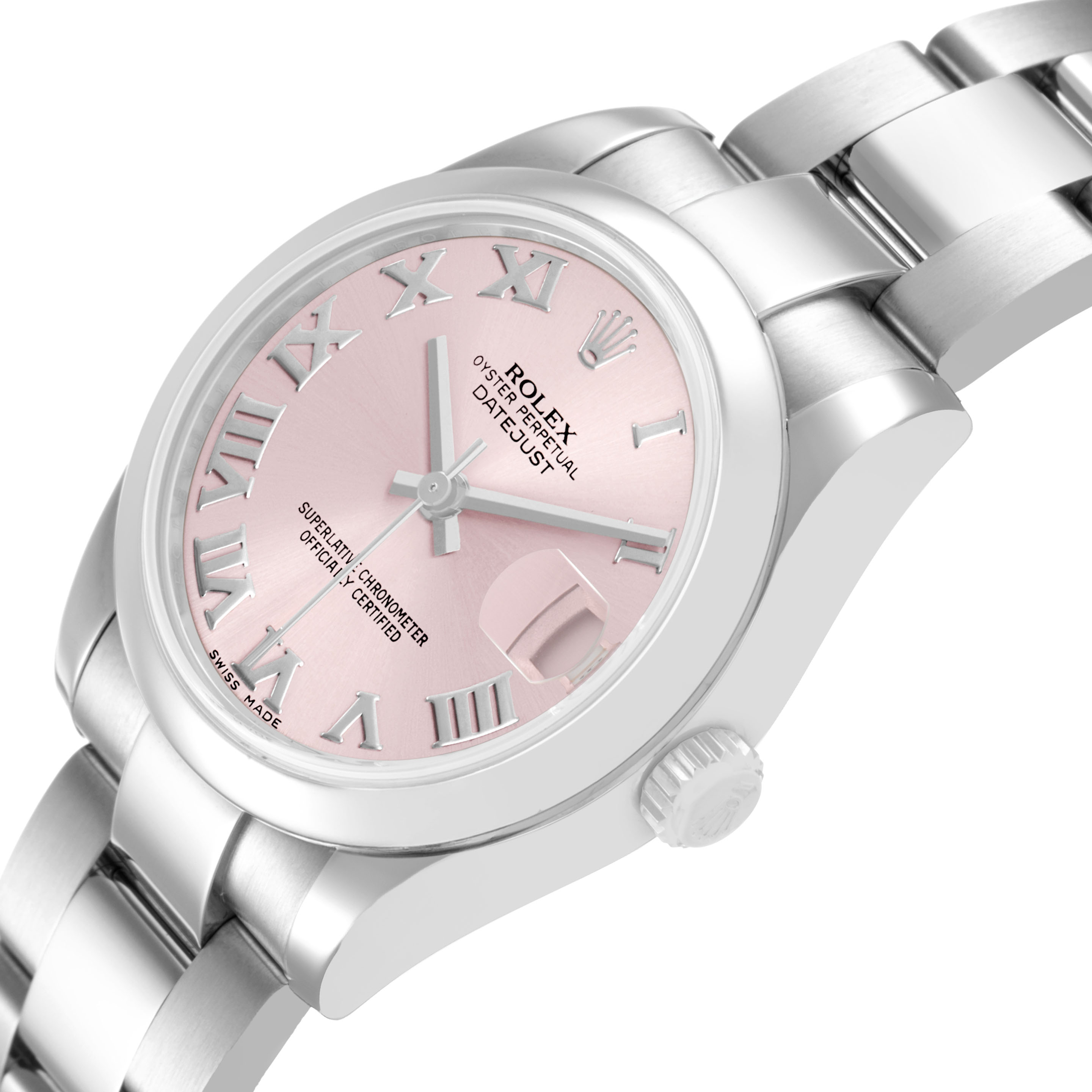 The Rolex Datejust 178240 Women's Stainless Steel Pink Dial watch is shown at an angled close-up, highlighting the pink face, Roman numerals, bezel, and part of the bracelet.