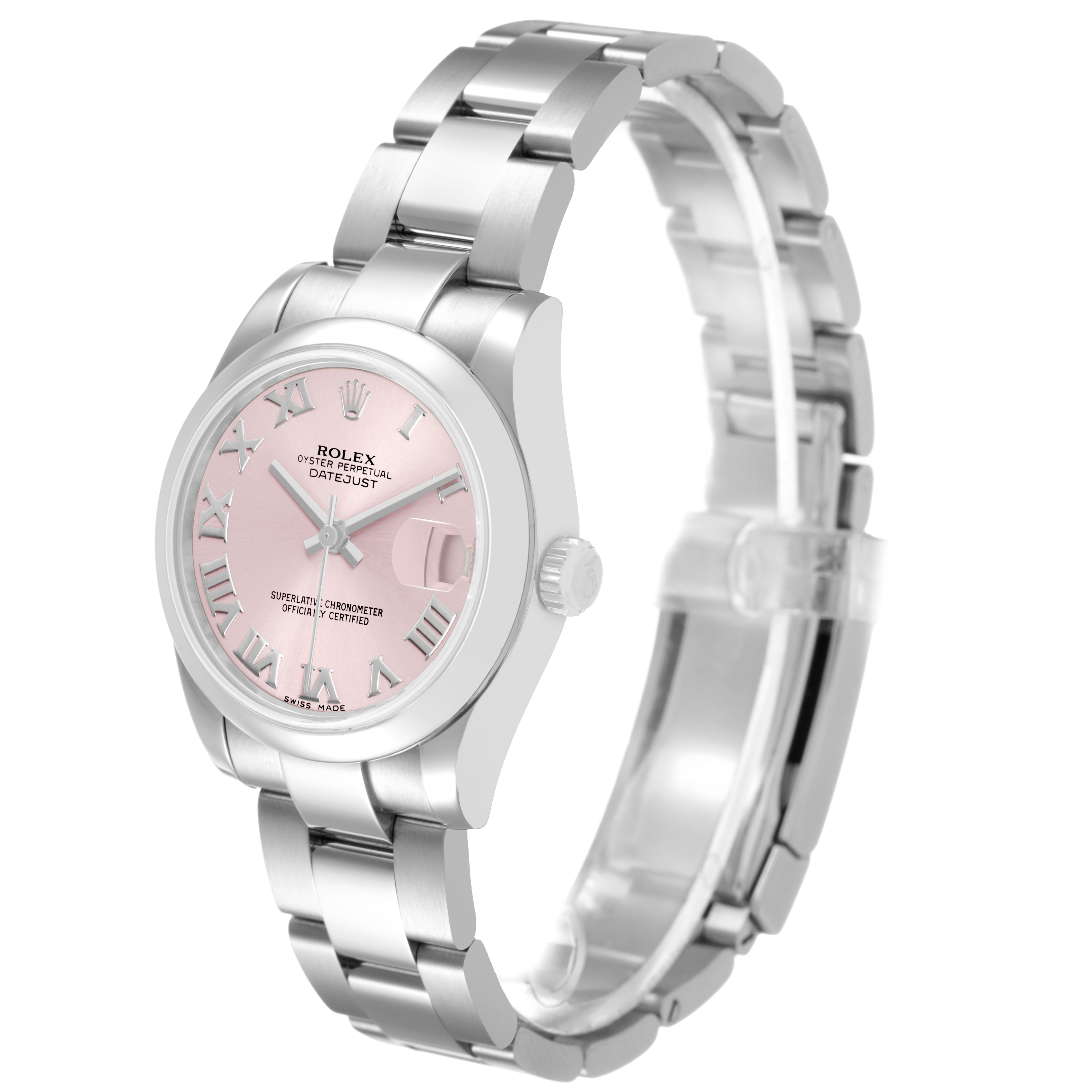 The Rolex Datejust 178240 Women's Stainless Steel Pink Dial watch is shown at a slight angle, highlighting its pink dial, bezel, crown, and bracelet.