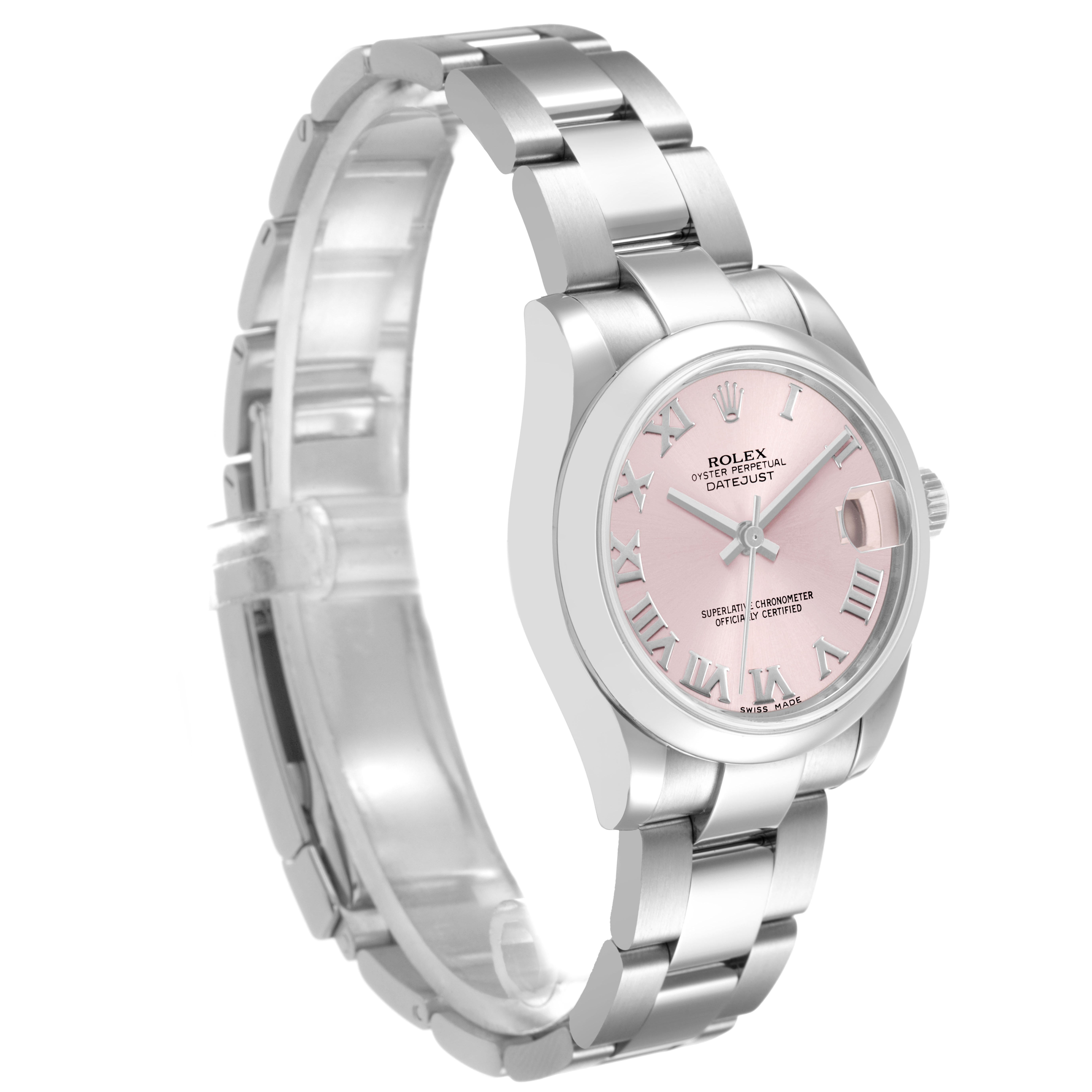The Rolex Datejust 178240 Women's Stainless Steel Pink Dial watch is shown at a three-quarter angle, displaying the pink dial, bracelet, and crown.