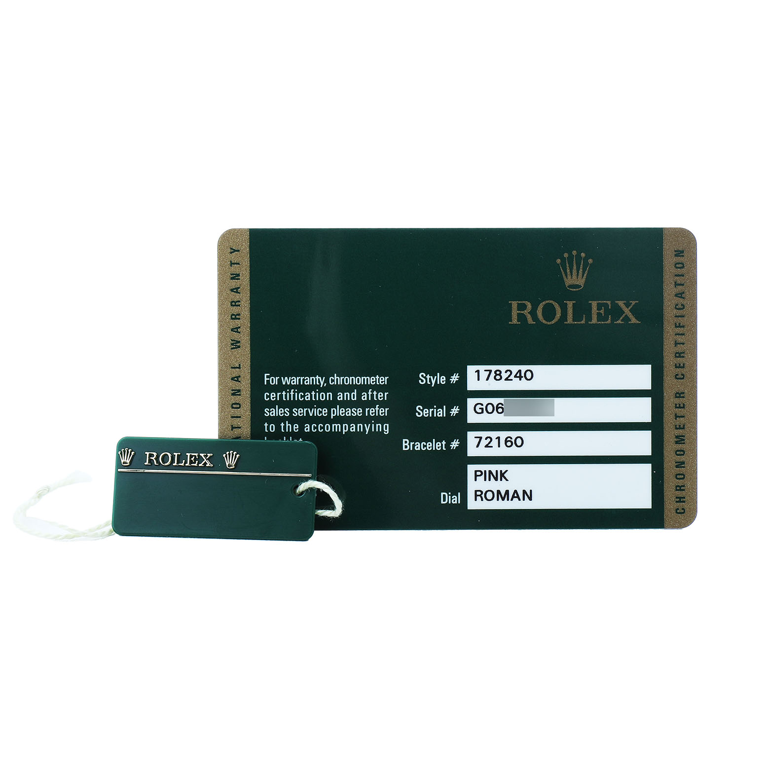 The image shows a Rolex Datejust 178240 Women's Stainless Steel Pink Dial warranty card and hang tag placed flat.