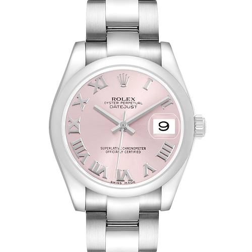 The Rolex Datejust 178240 Women's Stainless Steel Pink Dial watch is shown from a top view, highlighting its pink dial, Roman numerals, and date window at 3 o'clock.