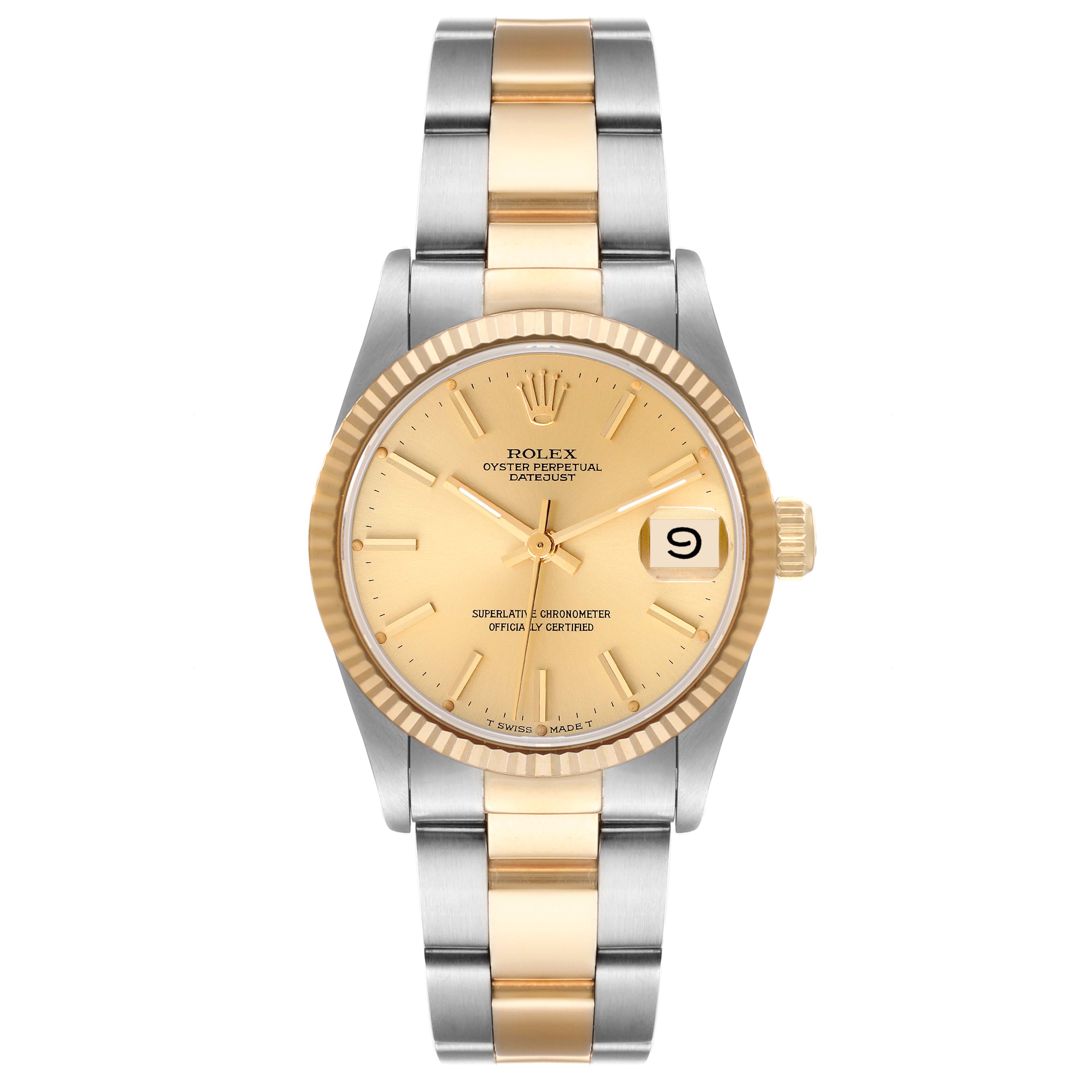 This is a front view of a Rolex Mid-Size 68273 Women
s Steel and Gold (two tone) Champagne Dial 68273 Women
s Steel and Gold (two tone) Champagne Dial Oyster Perpetual Datejust watch, featuring a gold dial, two-tone bracelet, and date window at 3 o
clock.