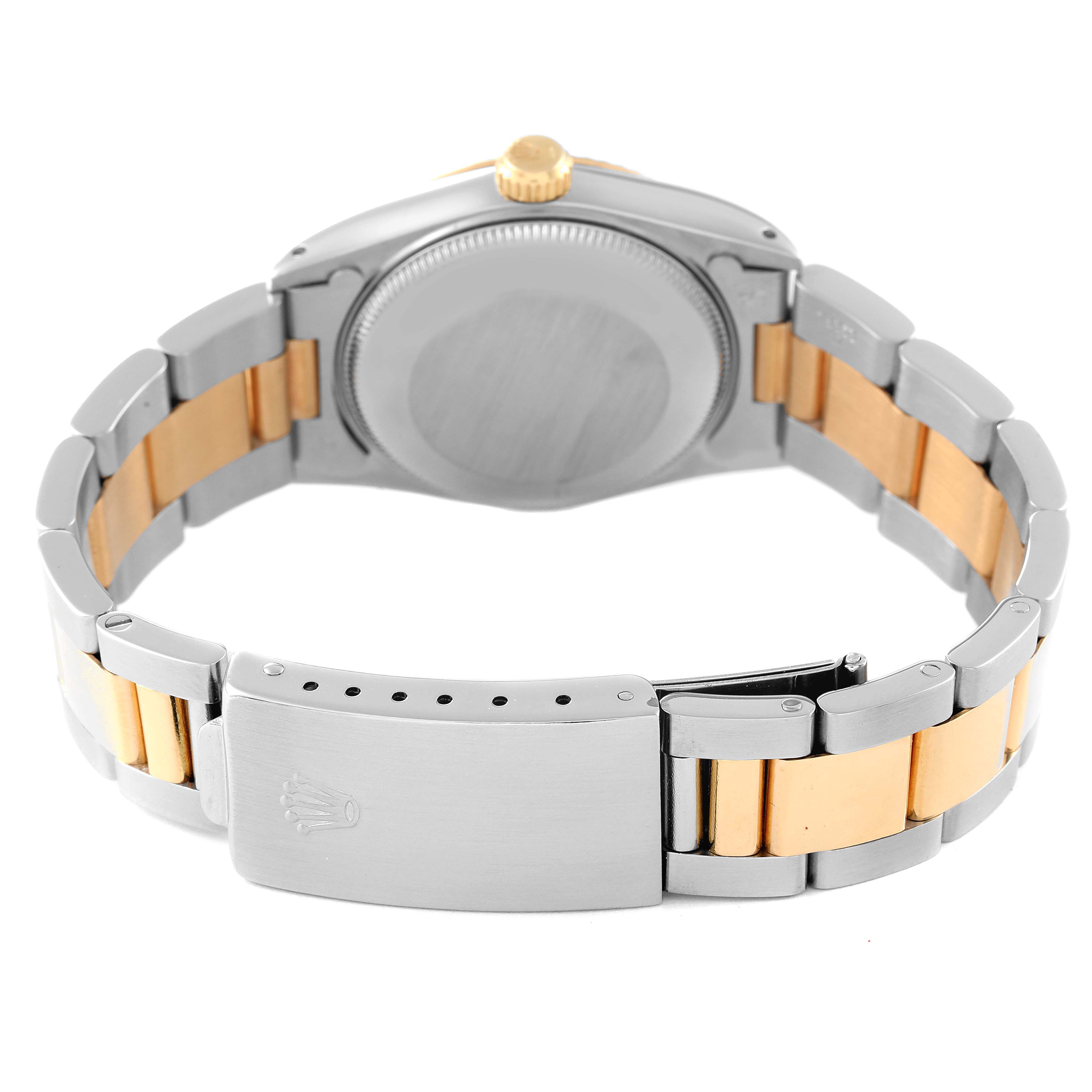 This image shows the back angle of a Rolex Mid-Size 68273 Women
s Steel and Gold (two tone) Champagne Dial 68273 Women
s Steel and Gold (two tone) Champagne Dial watch, highlighting the bracelet and clasp.