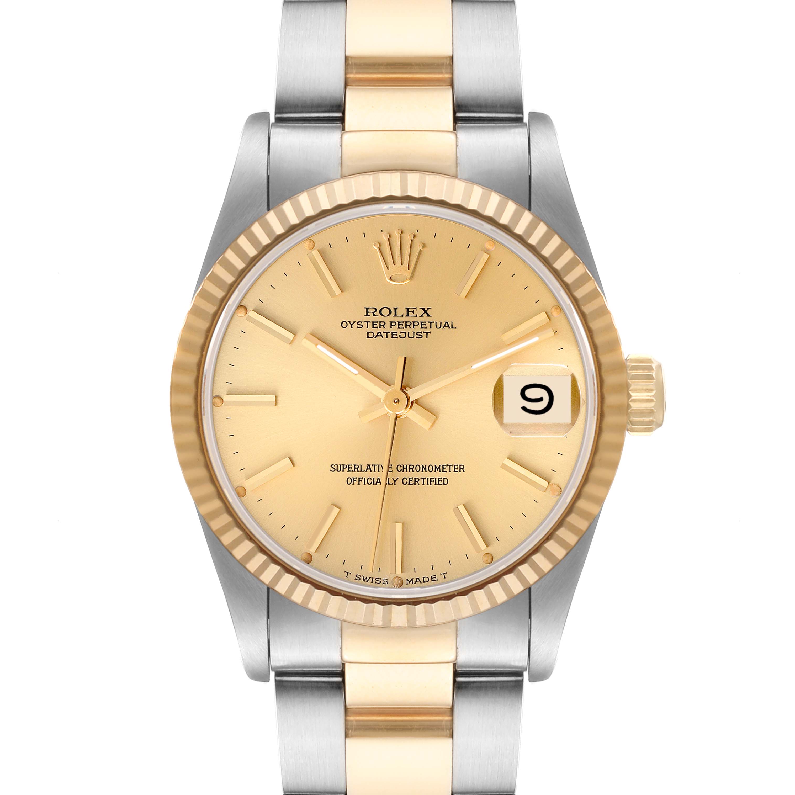 The Rolex Mid-Size 68273 Women
s Steel and Gold (two tone) Champagne Dial 68273 Women
s Steel and Gold (two tone) Champagne Dial Oyster Perpetual Datejust is shown from the front, featuring the dial, bezel, and partial bracelet.