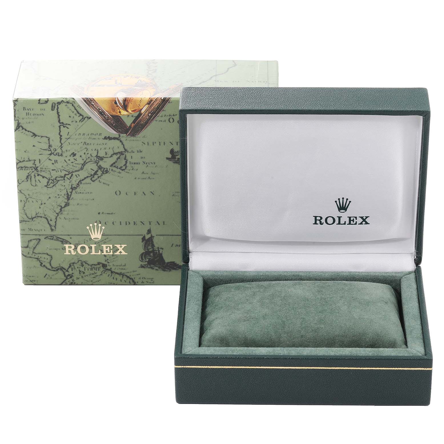 The image shows the open box and packaging of a Rolex Mid-Size 68273 Women
s Steel and Gold (two tone) Champagne Dial 68273 Women
s Steel and Gold (two tone) Champagne Dial model, with the box lid upright.