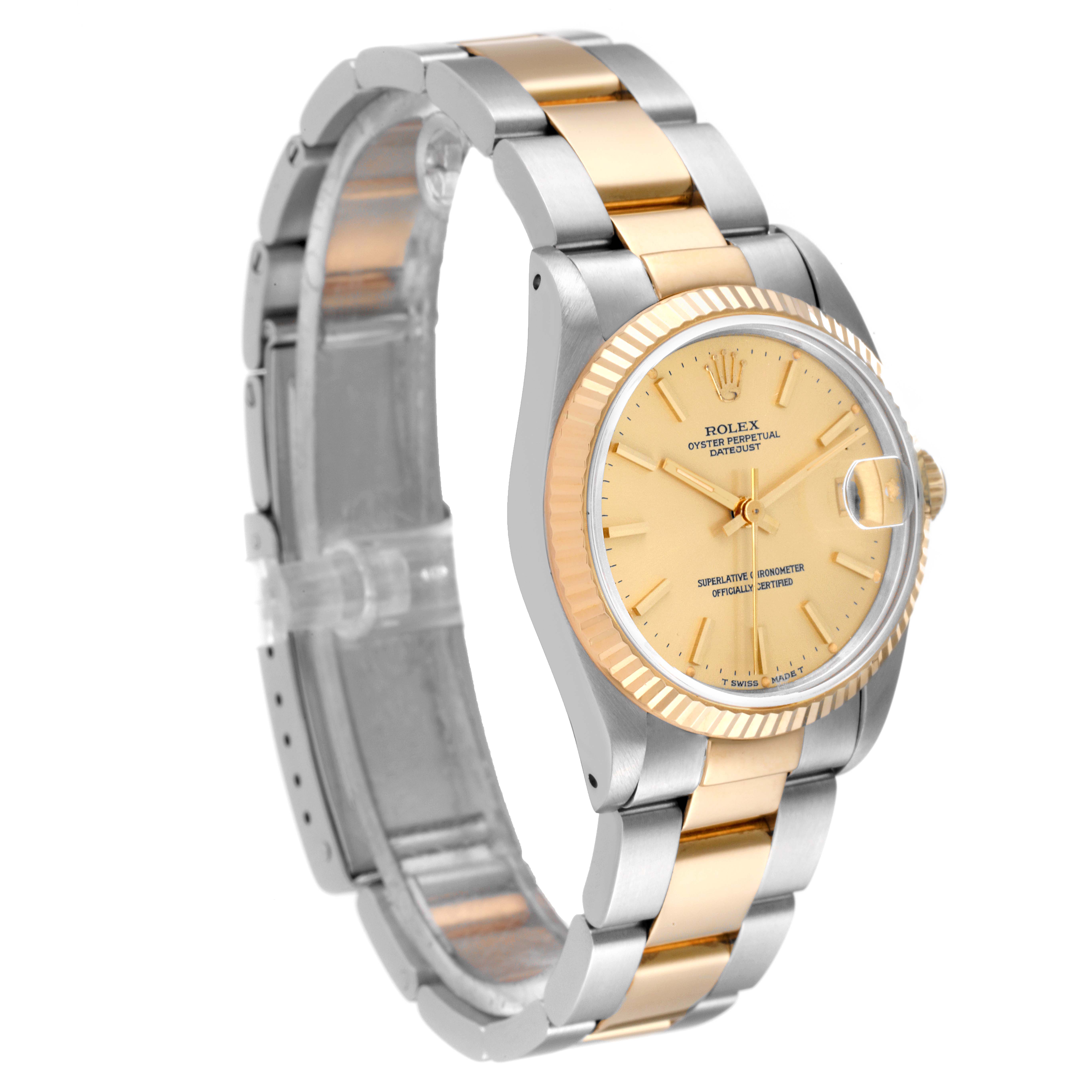 The image shows a Mid-Size Rolex Datejust watch at a three-quarter angle featuring a two-tone bracelet and a gold face with a fluted bezel.