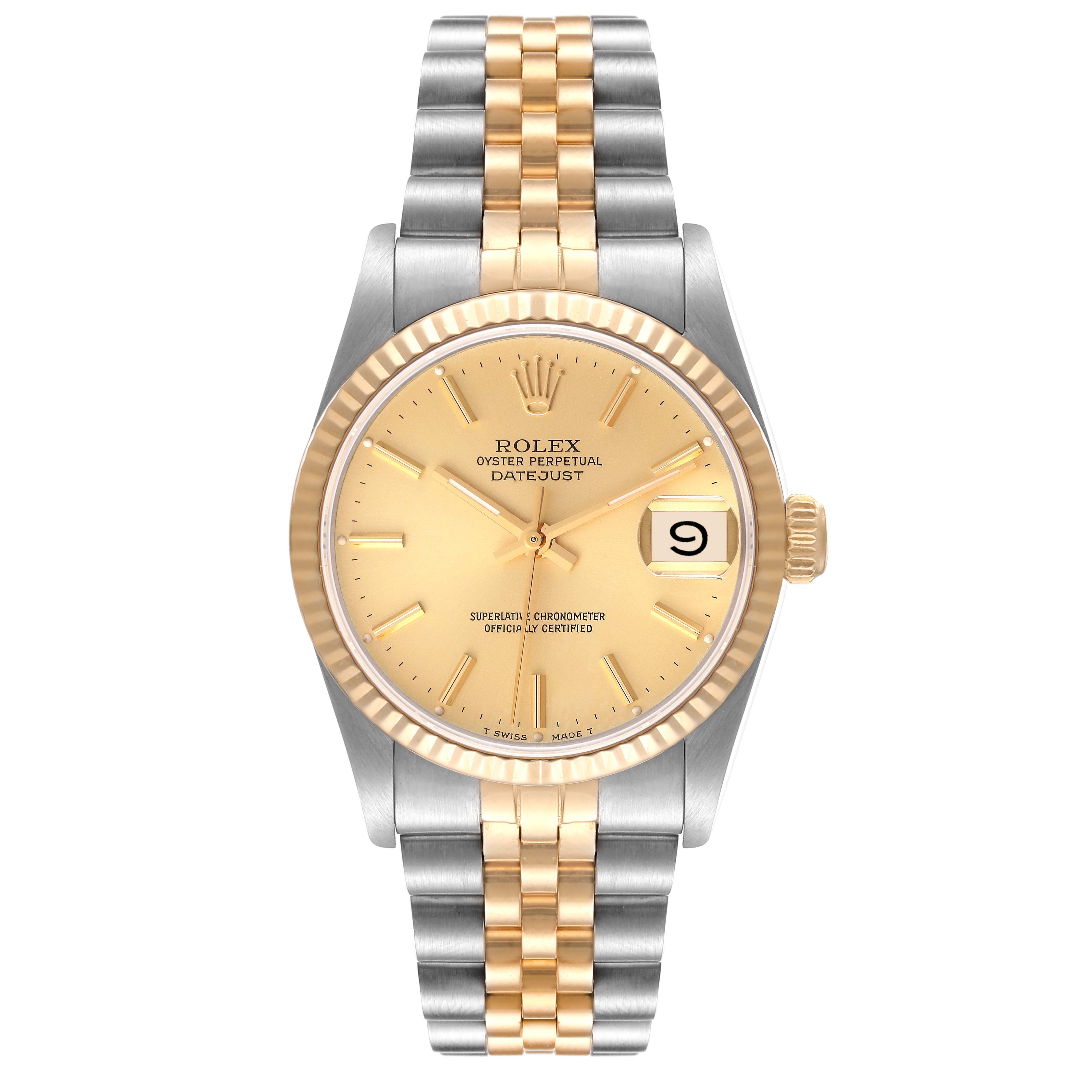 This image shows a front view of the Rolex Datejust Mid-Size watch, highlighting the dial, bezel, and bracelet.