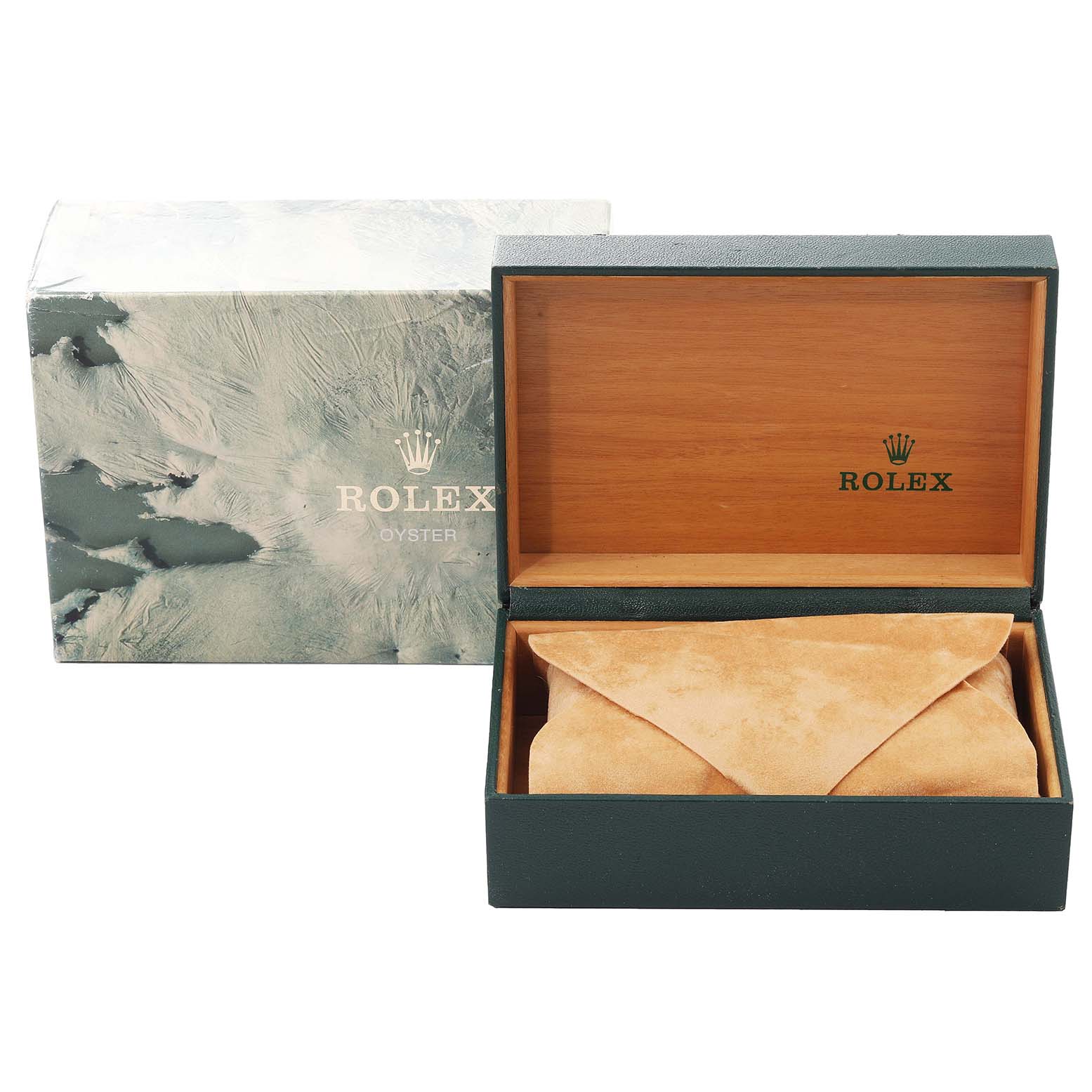 The image shows a Rolex Oyster Mid-Size watch box and cover at an angle that displays both the closed and open positions.