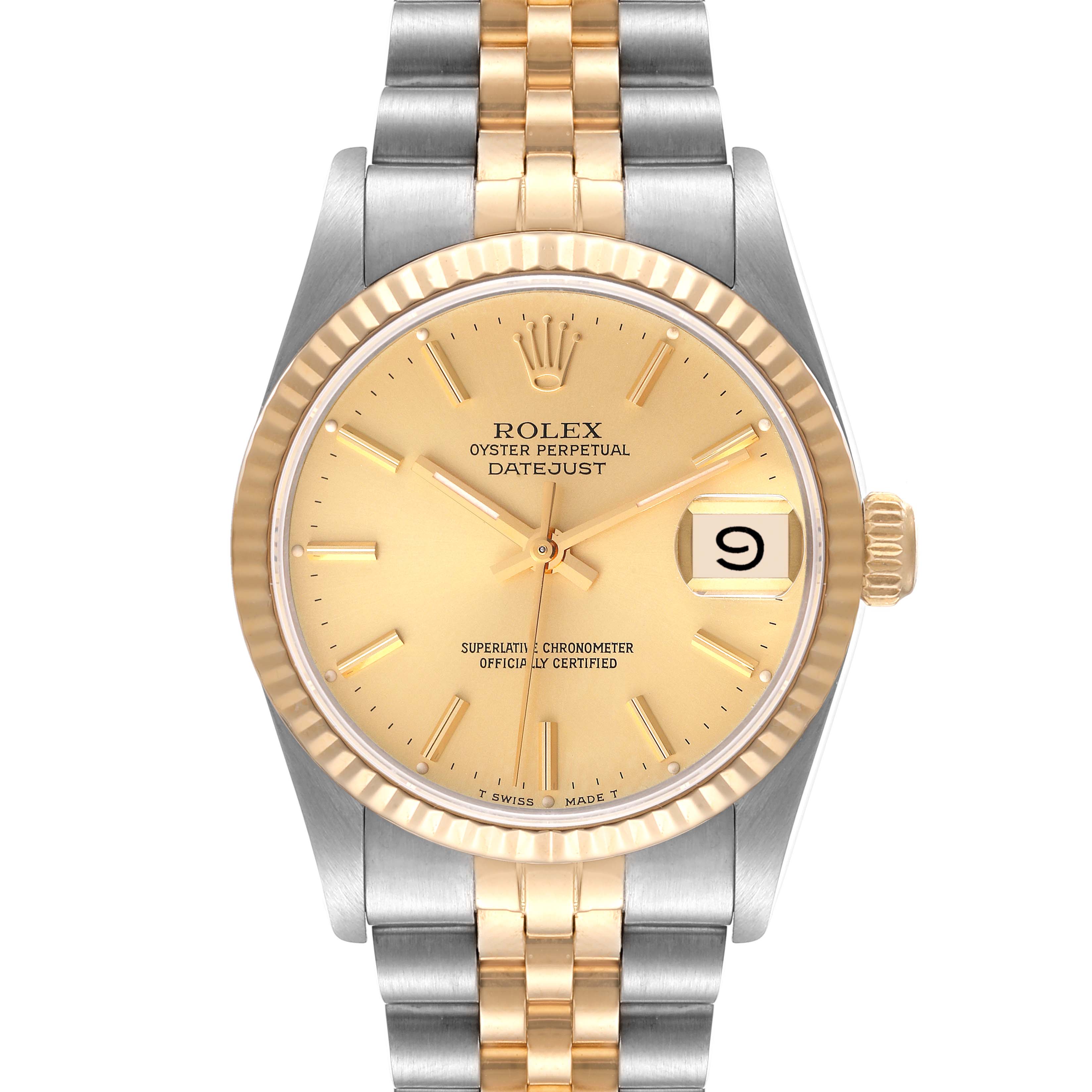 The image shows a front view of the mid-size Rolex Datejust watch, highlighting its gold dial, date window, and two-tone bracelet.
