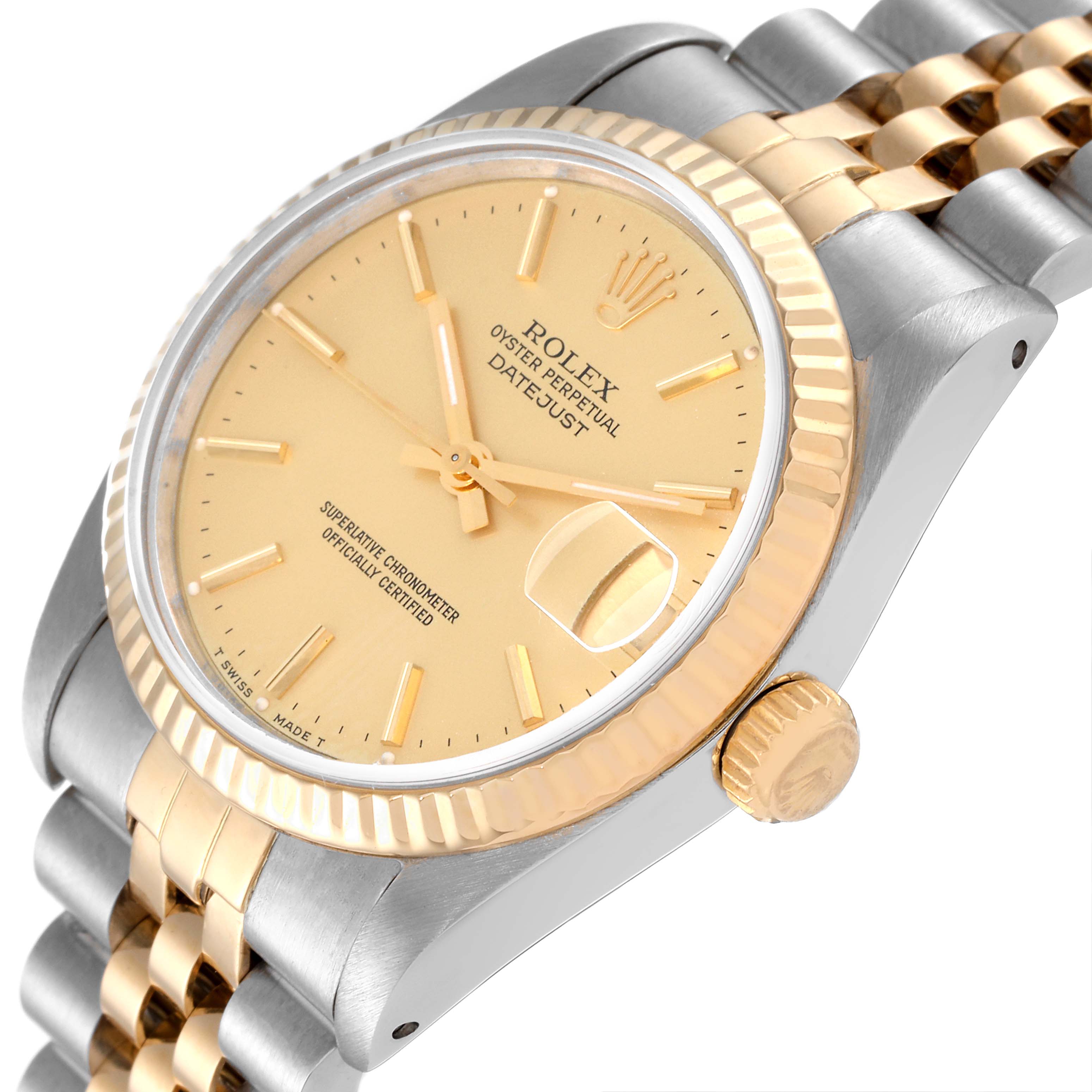 The image shows a side view of the Rolex Oyster Perpetual Datejust Mid-Size, highlighting the face, bezel, crown, and a portion of the bracelet.