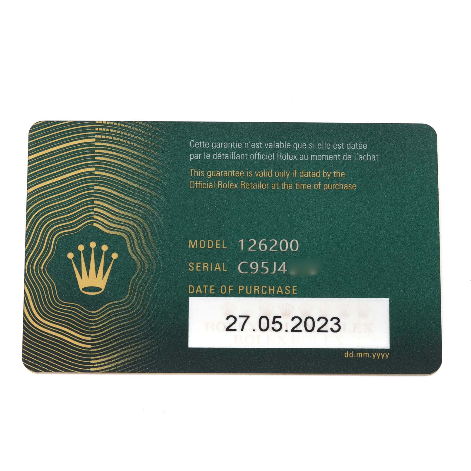 This image shows the warranty card for a Rolex Datejust 126200 Men's Stainless Steel Green Dial 126200 Men's Stainless Steel Green Dial model 126200 with the date of purchase.