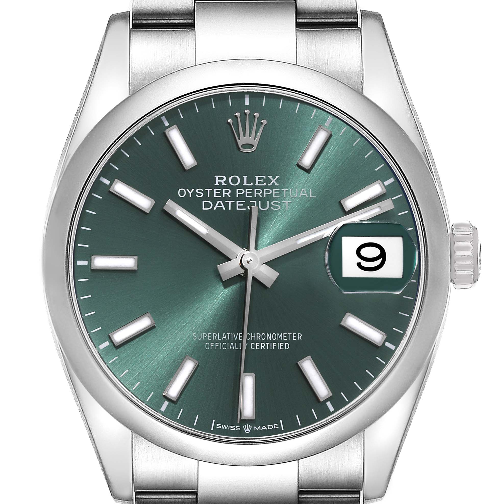 The image shows a frontal view of a Rolex Datejust 126200 Men's Stainless Steel Green Dial 126200 Men's Stainless Steel Green Dial watch, highlighting its green dial, date window, and stainless steel bracelet.
