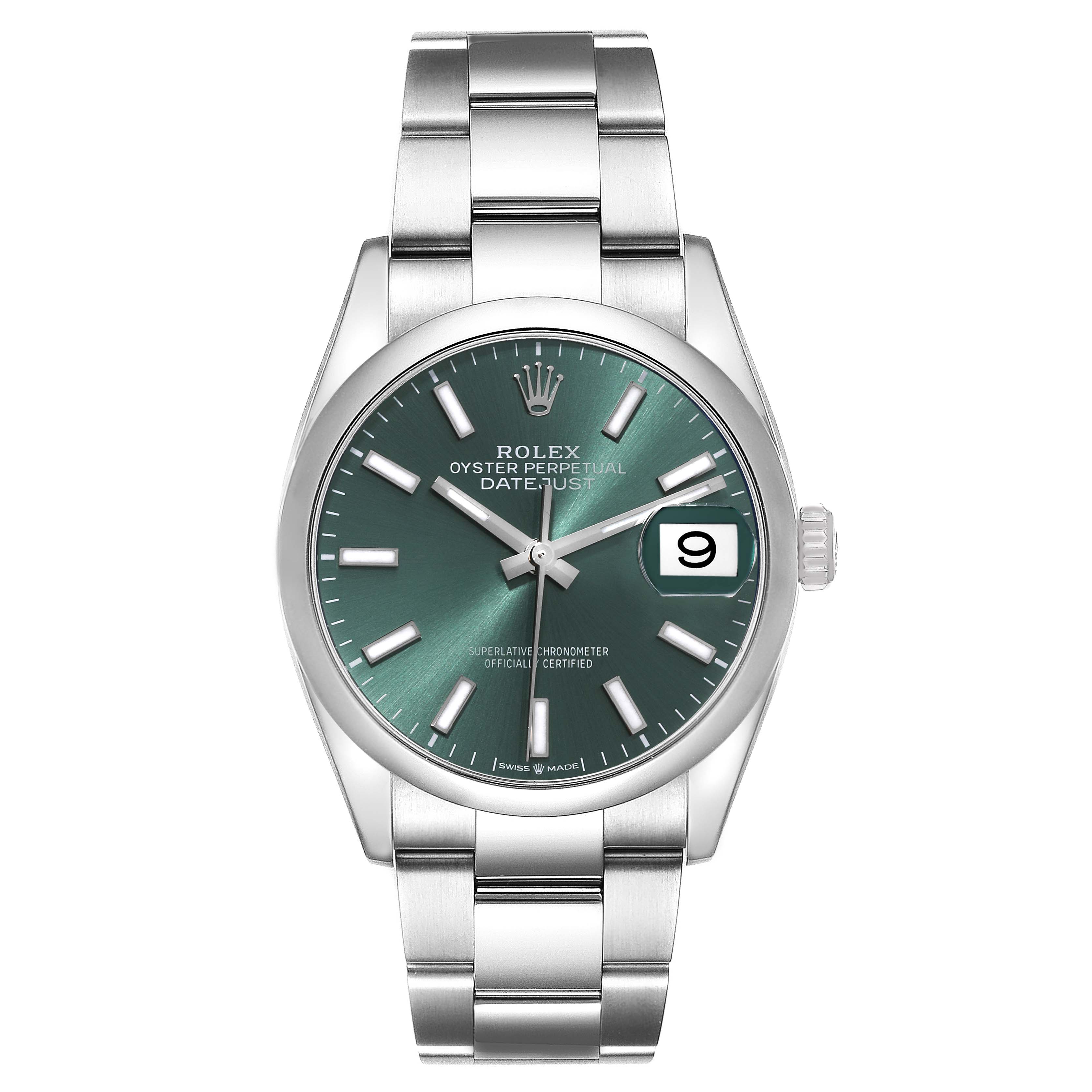 The image shows a front view of a Rolex Datejust 126200 Men's Stainless Steel Green Dial 126200 Men's Stainless Steel Green Dial watch, displaying its dial, bezel, crown, and bracelet.