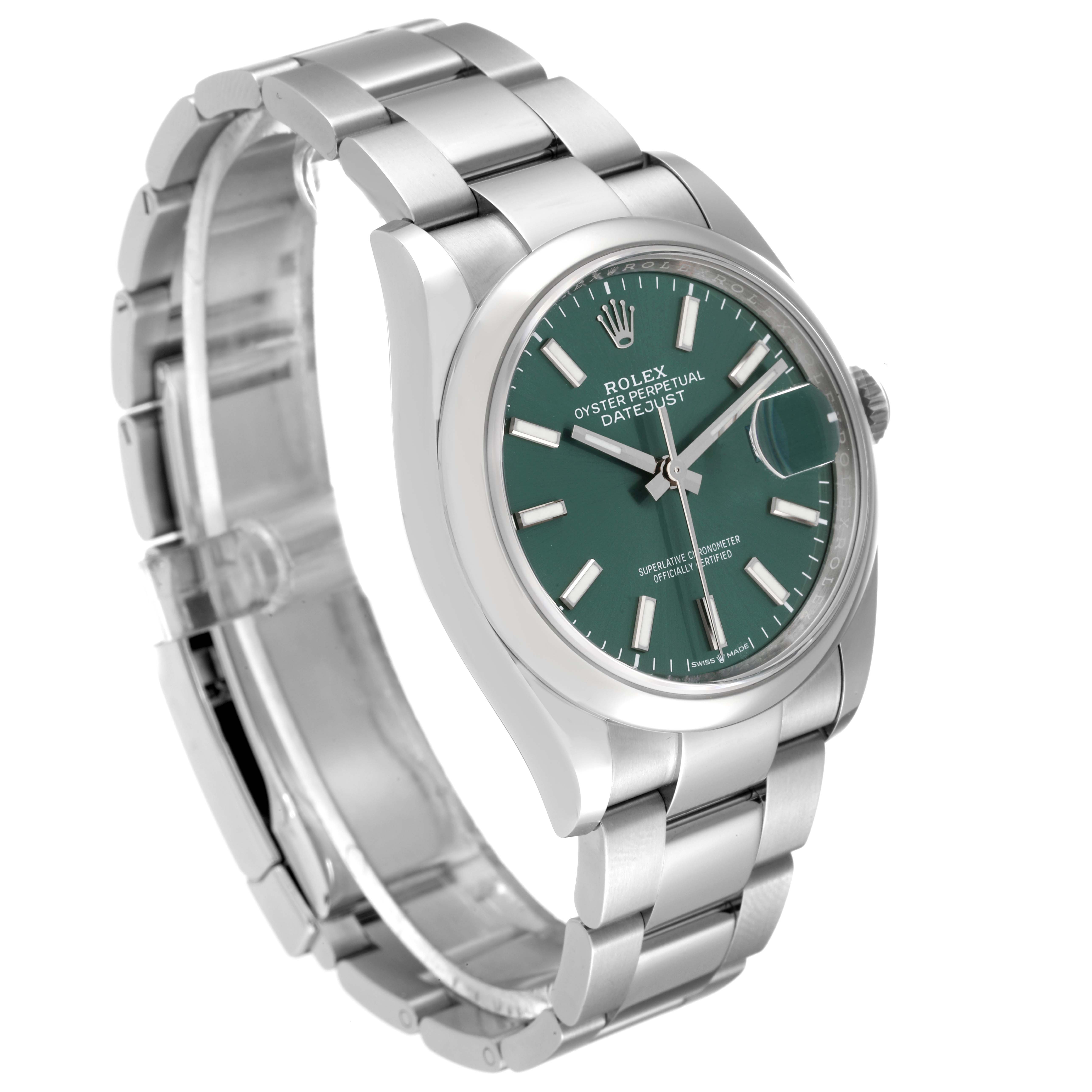 The image shows a Rolex Datejust 126200 Men's Stainless Steel Green Dial 126200 Men's Stainless Steel Green Dial watch at an angle highlighting its green dial, stainless steel bracelet, and side profile.