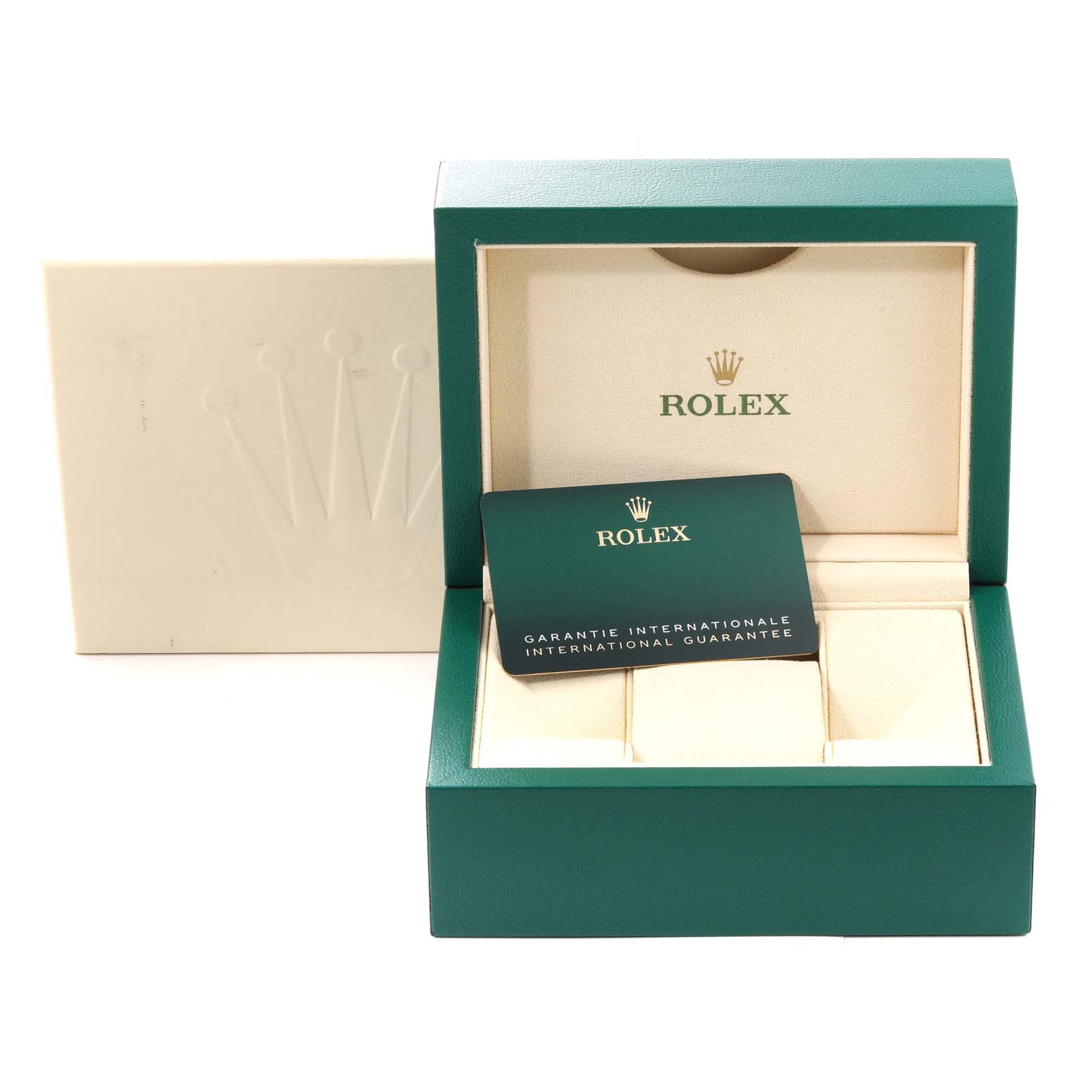The image shows a Rolex Datejust 126200 Men's Stainless Steel Green Dial 126200 Men's Stainless Steel Green Dial watch box and an international guarantee card, taken from a front angle with the lid open.