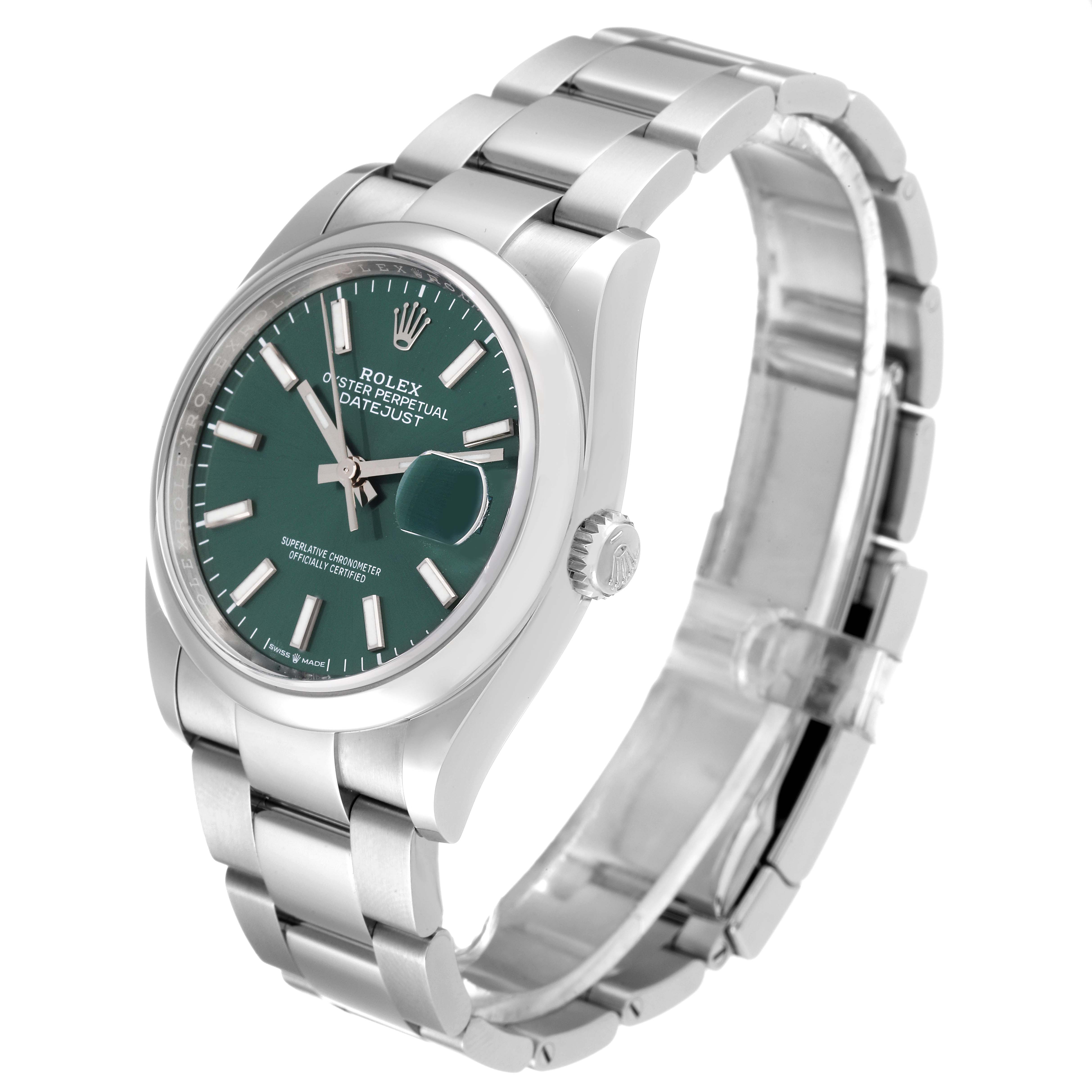 The Rolex Datejust 126200 Men's Stainless Steel Green Dial 126200 Men's Stainless Steel Green Dial watch is shown at an oblique angle, highlighting the dial, bezel, crown, and bracelet.