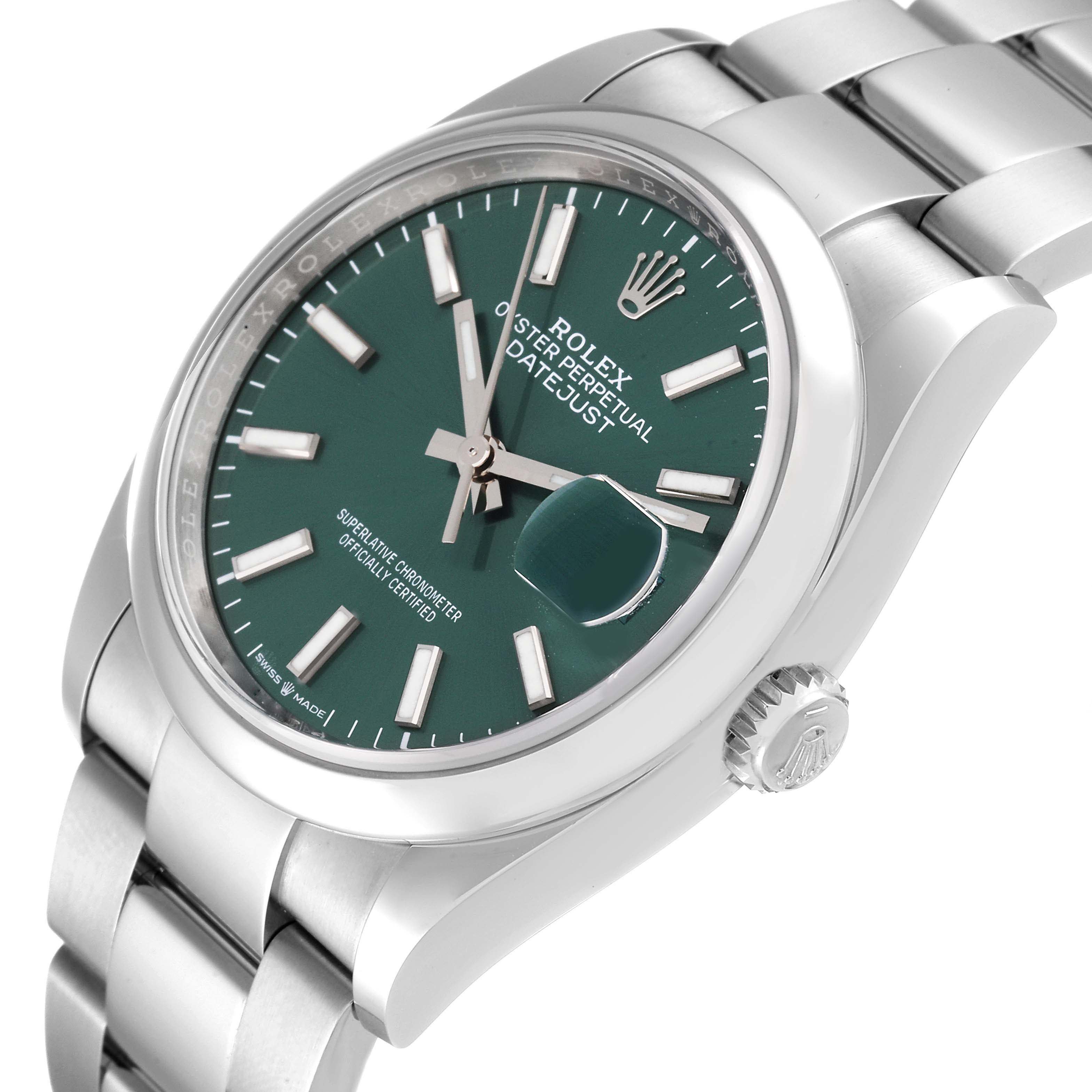 This image shows a Rolex Datejust 126200 Men's Stainless Steel Green Dial 126200 Men's Stainless Steel Green Dial watch at an angled side view, highlighting its green dial, stainless steel bracelet, and the date magnifier.