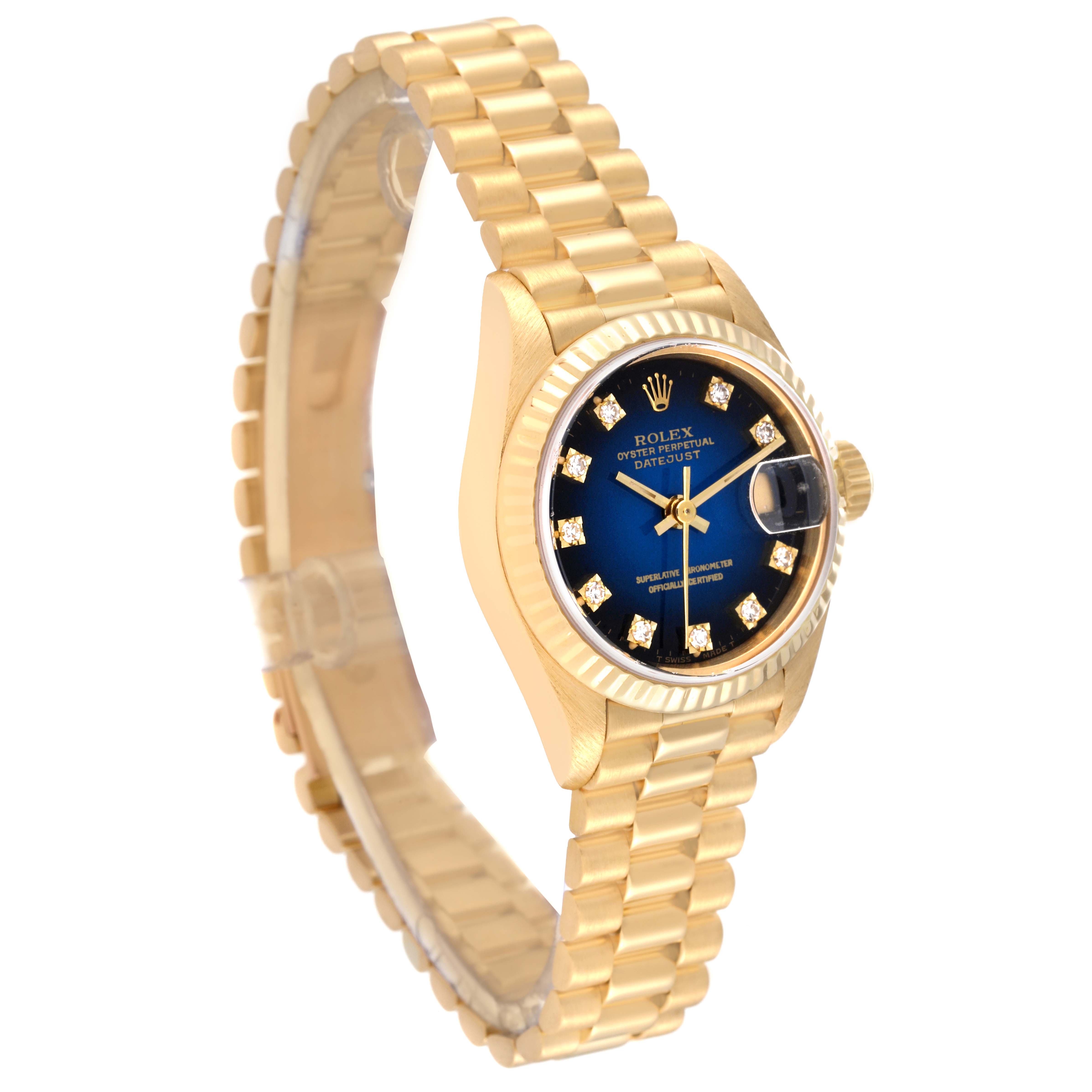 The image shows a Rolex President 69178 Women's Yellow Gold Blue Dial 69178 Women's Yellow Gold Blue Dial model watch from a slight side angle, highlighting the gold bracelet, blue dial, and diamond hour markers.