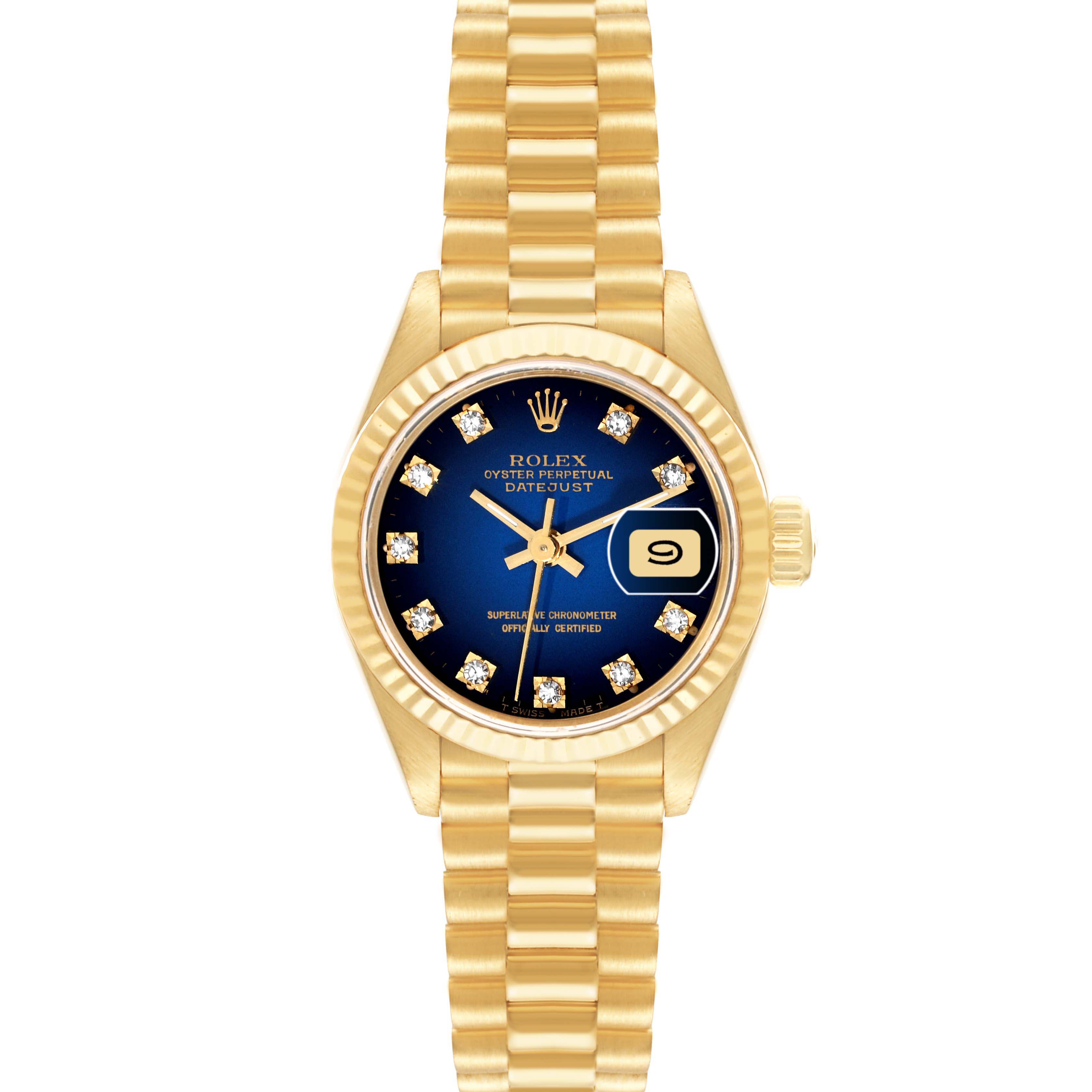 This is a front view of a Rolex President 69178 Women's Yellow Gold Blue Dial 69178 Women's Yellow Gold Blue Dial model, showing the gold bracelet, blue dial with diamond markers, and date window.