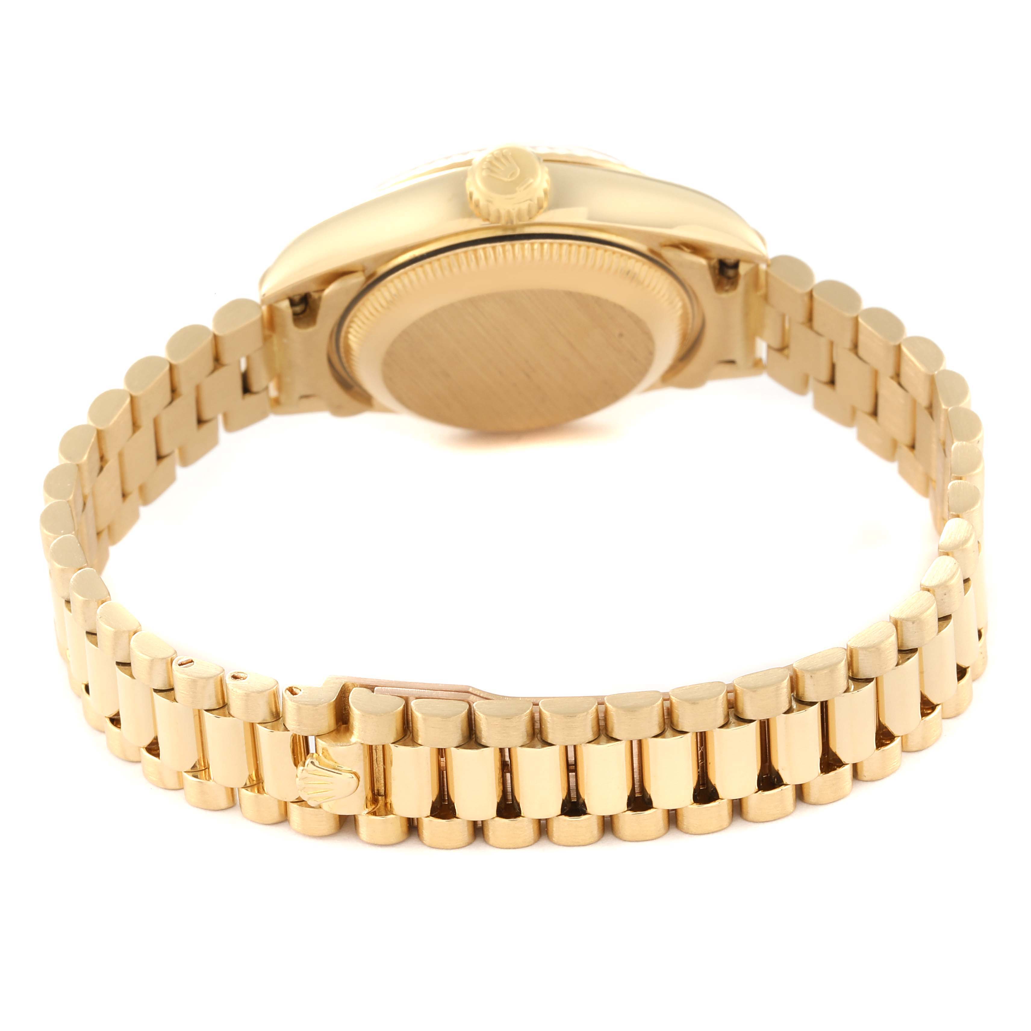 The image shows the back view of a Rolex President 69178 Women's Yellow Gold Blue Dial 69178 Women's Yellow Gold Blue Dial model, highlighting the bracelet and case back.