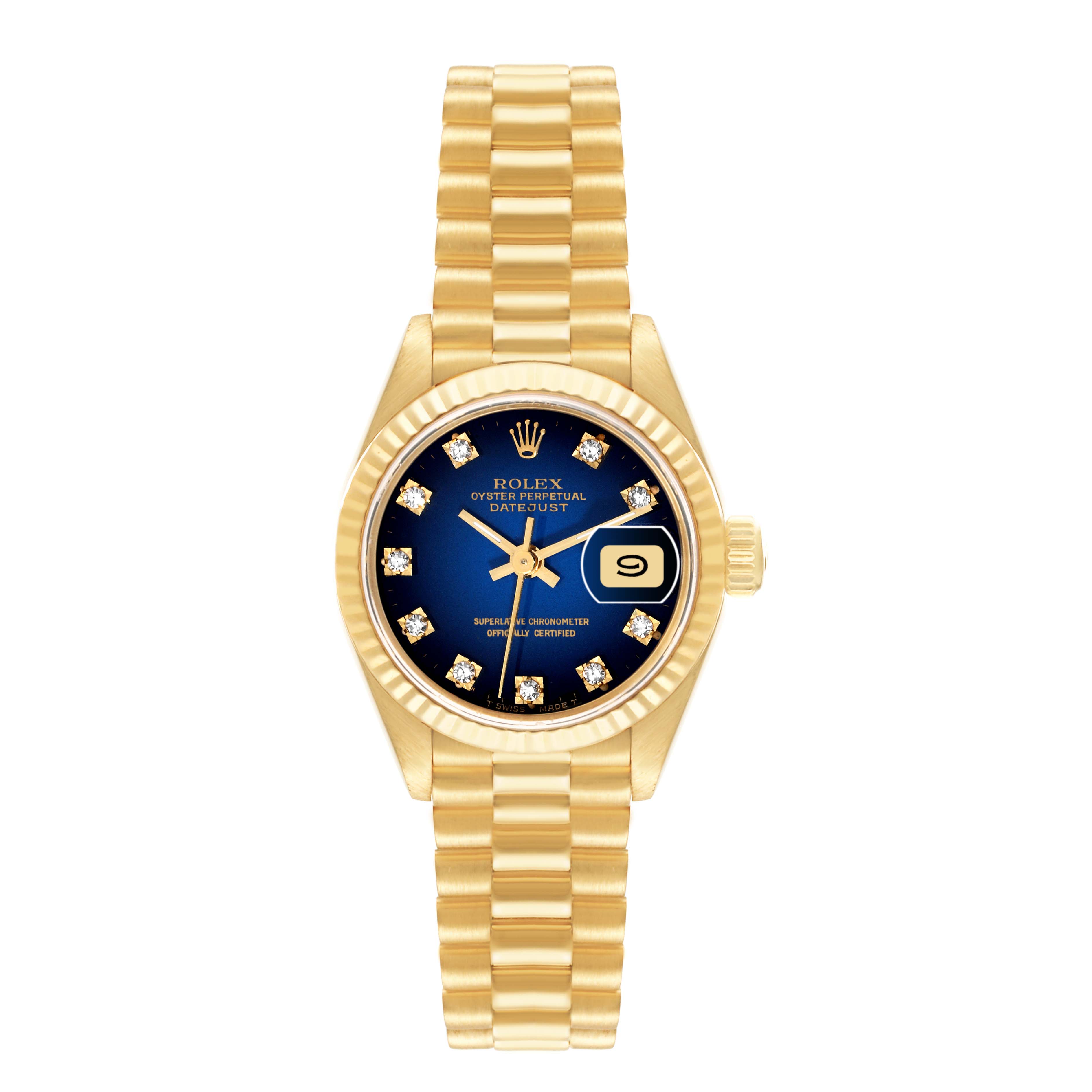 This image shows a front view of a Rolex President 69178 Women's Yellow Gold Blue Dial 69178 Women's Yellow Gold Blue Dial model watch with a gold band and blue dial.