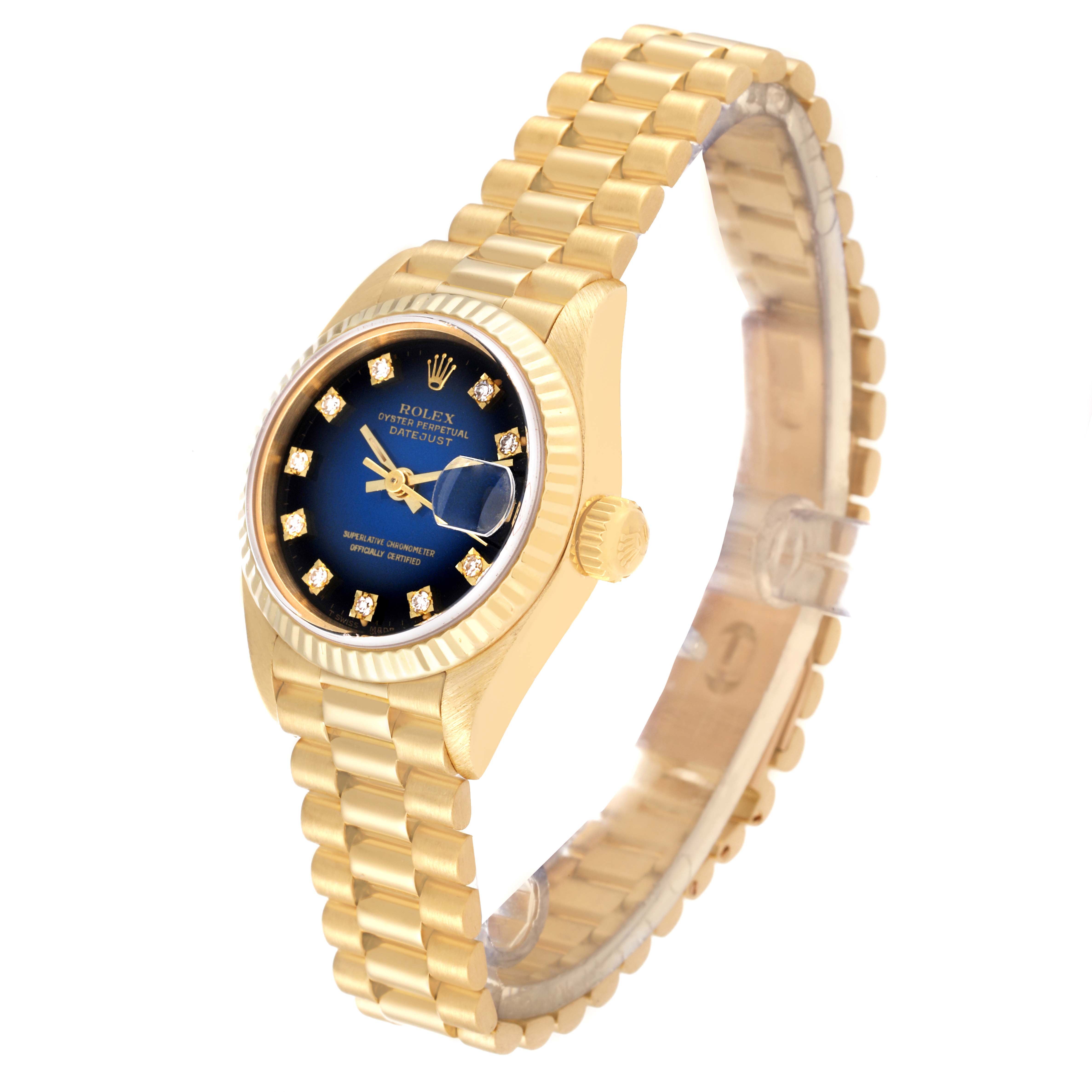 The image shows a Rolex President 69178 Women's Yellow Gold Blue Dial 69178 Women's Yellow Gold Blue Dial model watch from a three-quarter angle, highlighting the bracelet, dial, and crown.