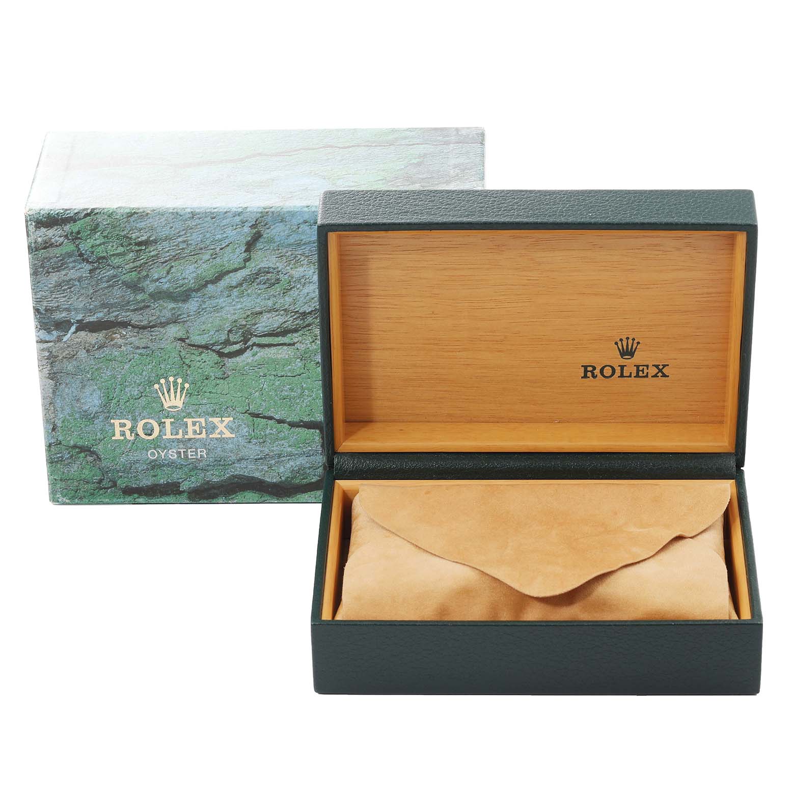 The image shows an open Rolex Datejust 16233 Men's Steel and Gold (two tone) Beige Dial 16233 Men's Steel and Gold (two tone) Beige Dial watch box with its outer protective green box, revealing the beige interior.