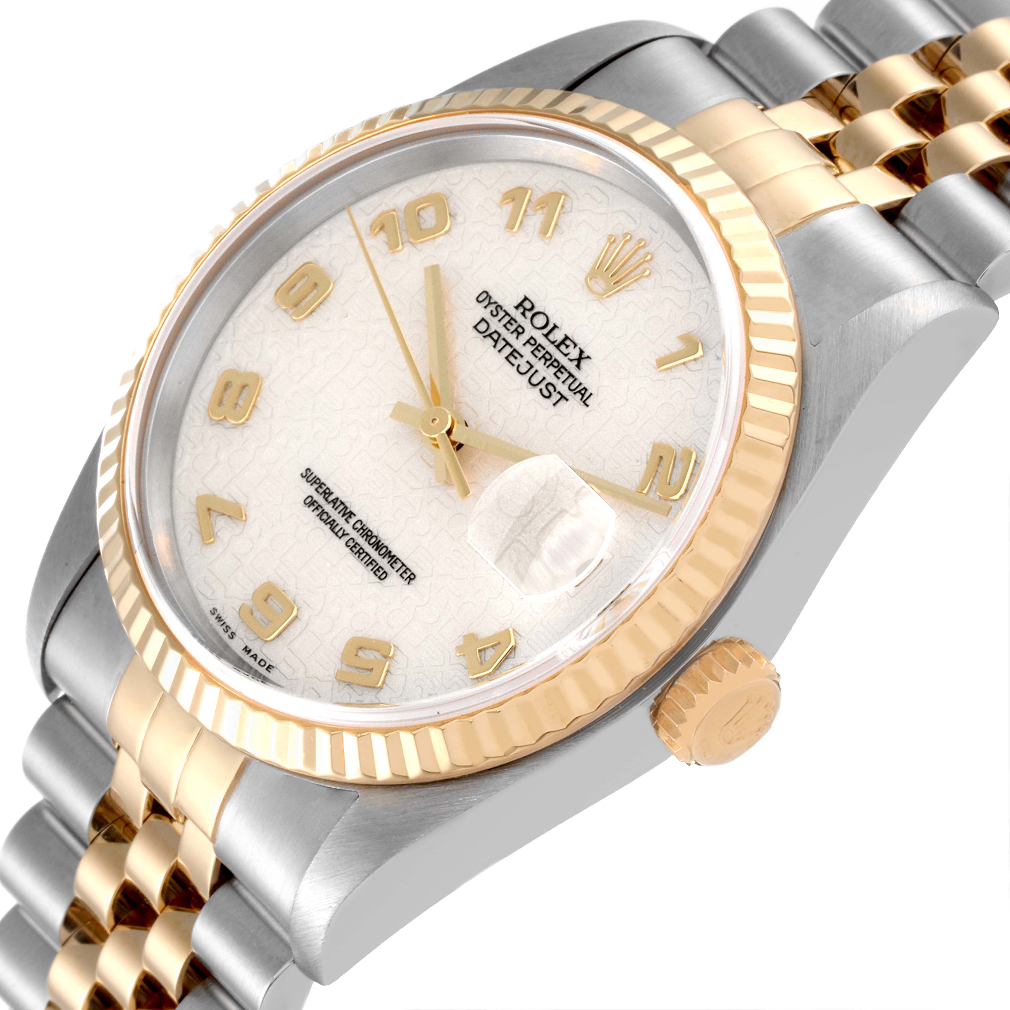 The image shows a Rolex Datejust 16233 Men's Steel and Gold (two tone) Beige Dial 16233 Men's Steel and Gold (two tone) Beige Dial watch at an angle displaying the dial, bezel, and part of the bracelet.