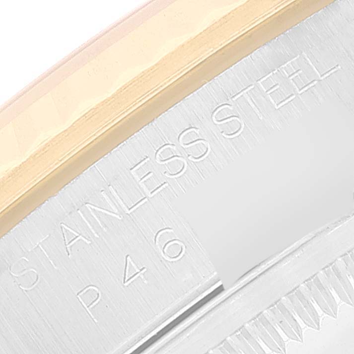 The image shows a close-up of the stainless steel part of a Rolex Datejust 16233 Men's Steel and Gold (two tone) Beige Dial 16233 Men's Steel and Gold (two tone) Beige Dial watch case.