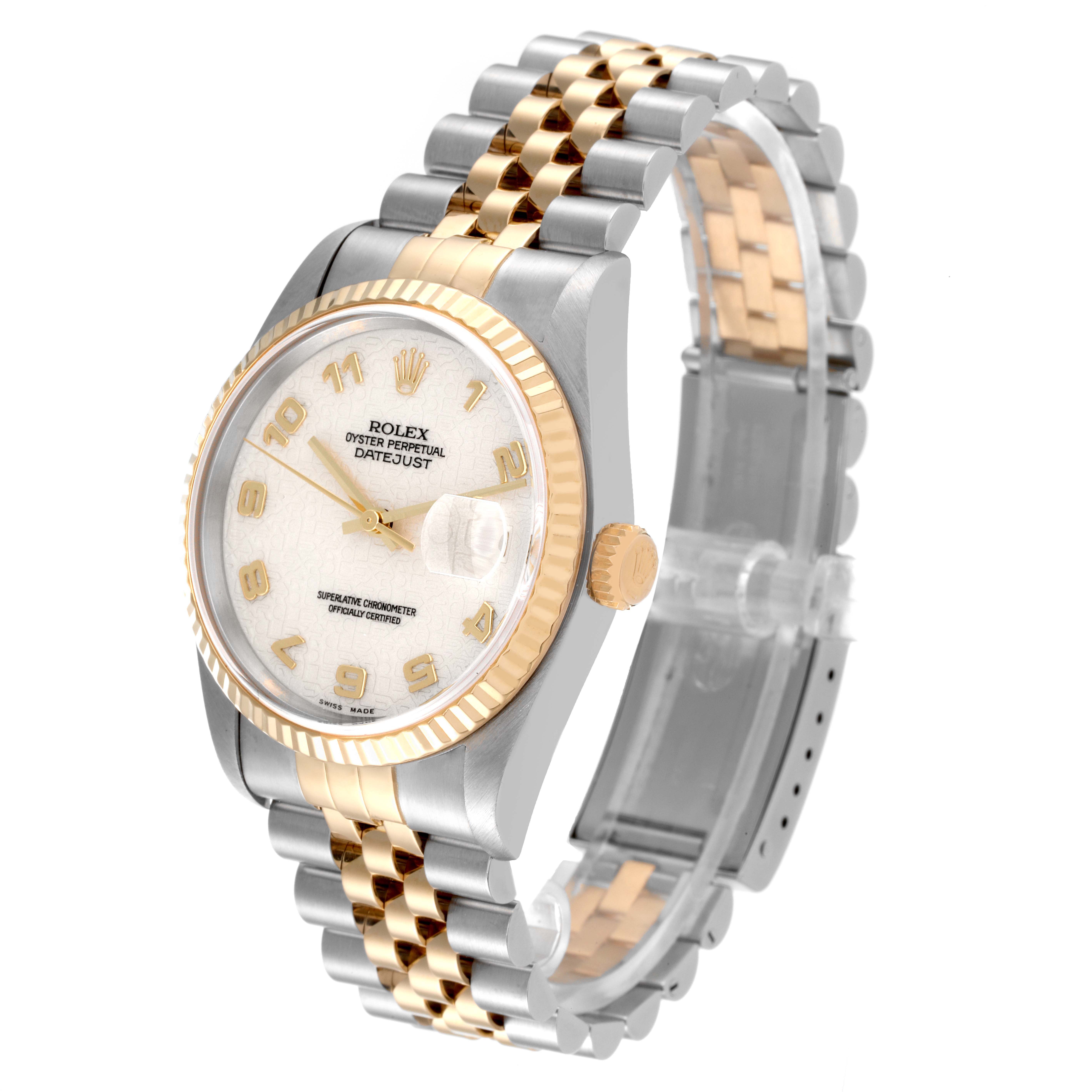 The Rolex Datejust 16233 Men's Steel and Gold (two tone) Beige Dial 16233 Men's Steel and Gold (two tone) Beige Dial watch is shown in a three-quarter angle, highlighting the face, bezel, crown, and two-tone bracelet.