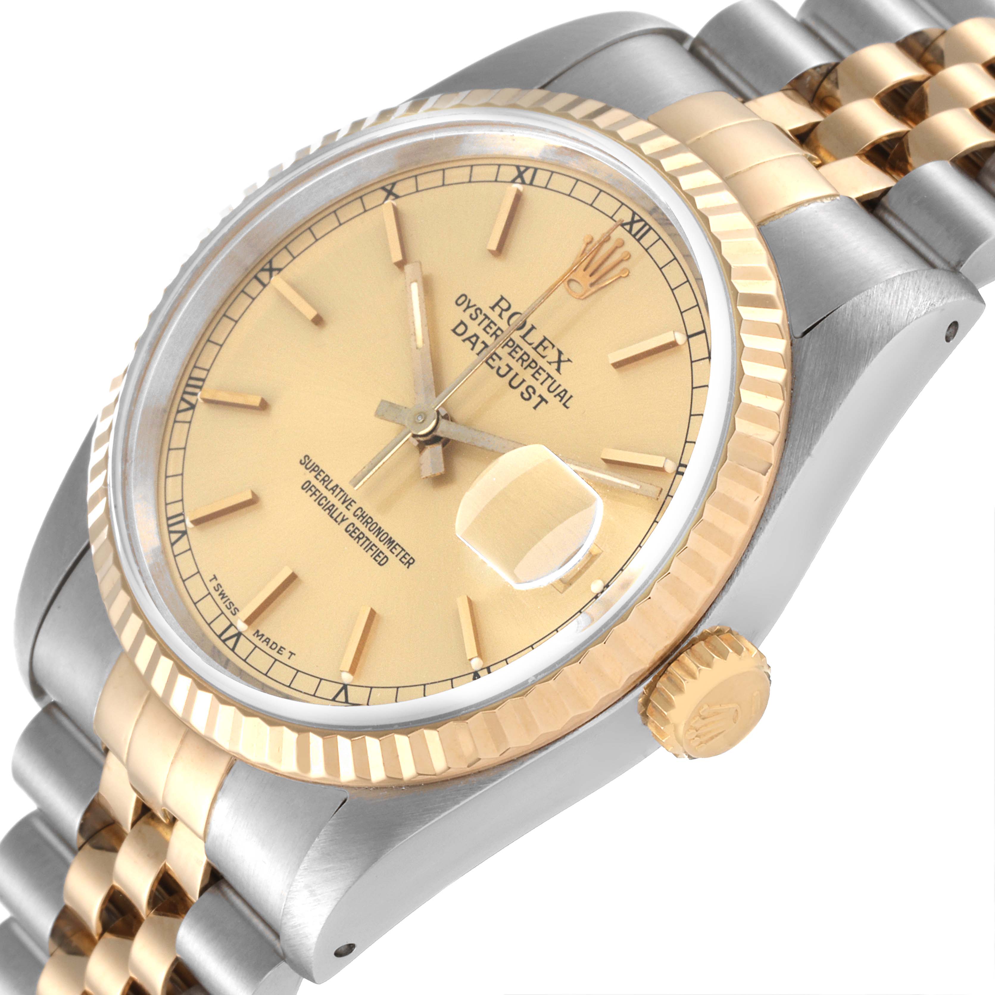 This is a close-up angled view of the Rolex Datejust 16233 Men's Steel and Gold (two tone) Champagne Dial 16233 Men's Steel and Gold (two tone) Champagne Dial watch, showing the dial, bezel, crown, and part of the bracelet.