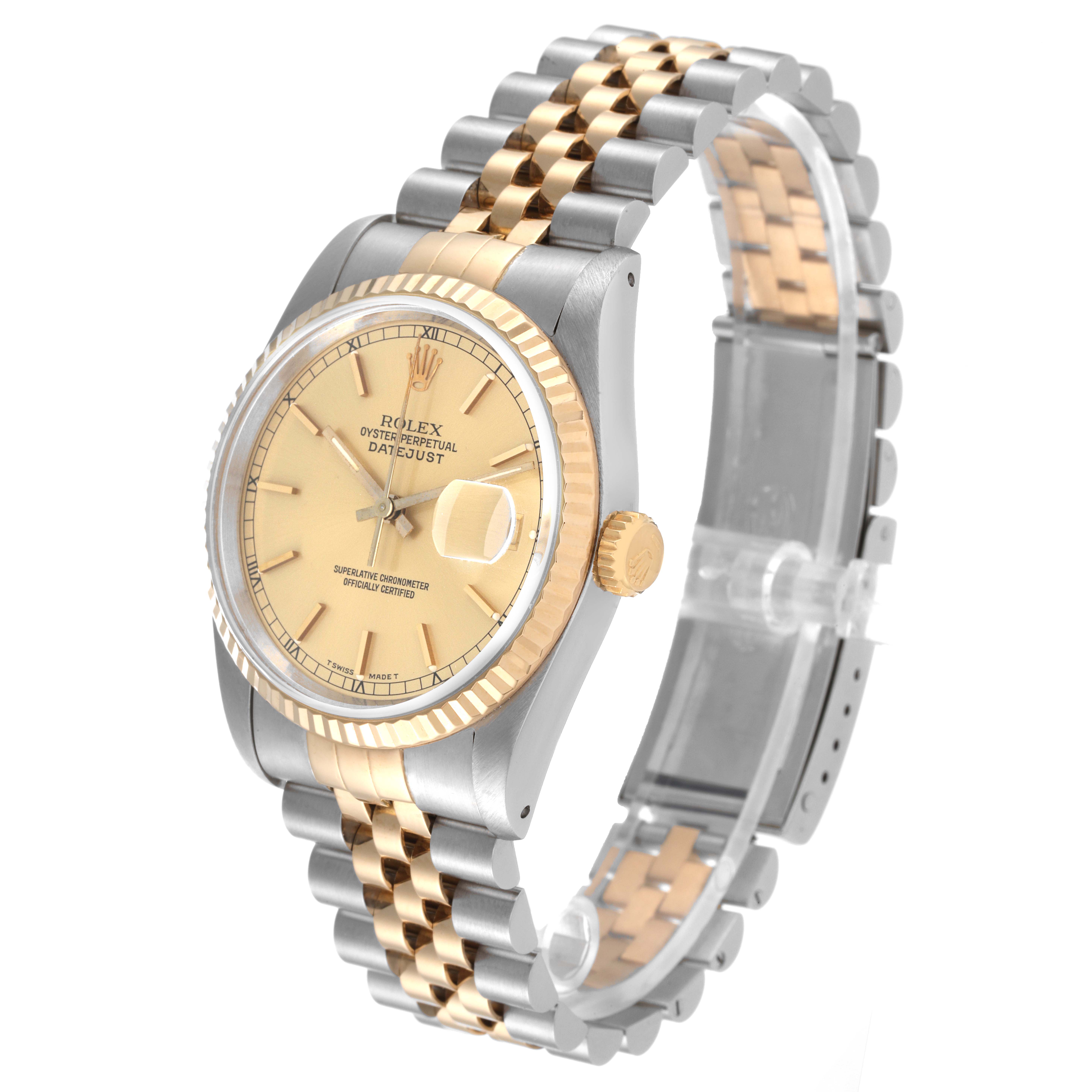 The Rolex Datejust 16233 Men's Steel and Gold (two tone) Champagne Dial 16233 Men's Steel and Gold (two tone) Champagne Dial watch is shown from an angled side view featuring the dial, bezel, and two-tone bracelet.