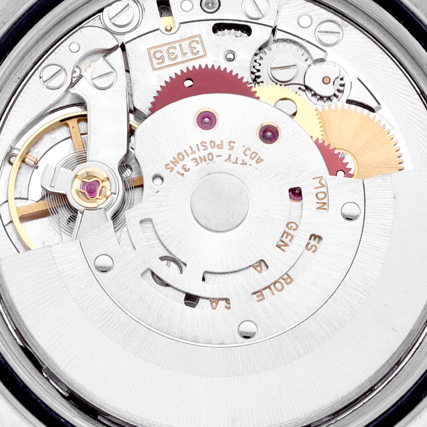 The image shows a close-up of the intricate movement and inner mechanisms of a Rolex Datejust 16233 Men's Steel and Gold (two tone) Champagne Dial 16233 Men's Steel and Gold (two tone) Champagne Dial watch.