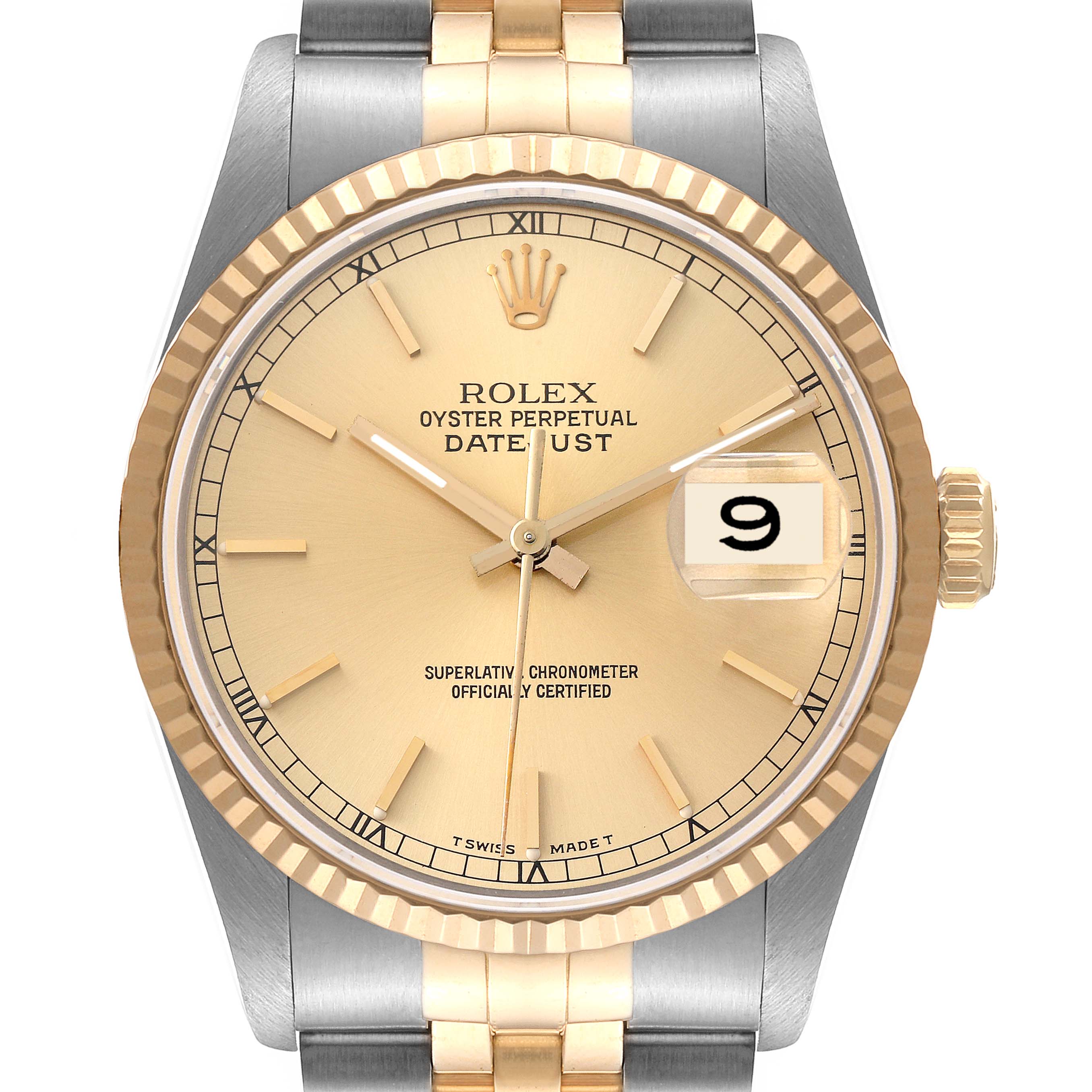 This image shows a front view of a Rolex Datejust 16233 Men's Steel and Gold (two tone) Champagne Dial 16233 Men's Steel and Gold (two tone) Champagne Dial watch, displaying its dial, fluted bezel, crown, and part of the bracelet.