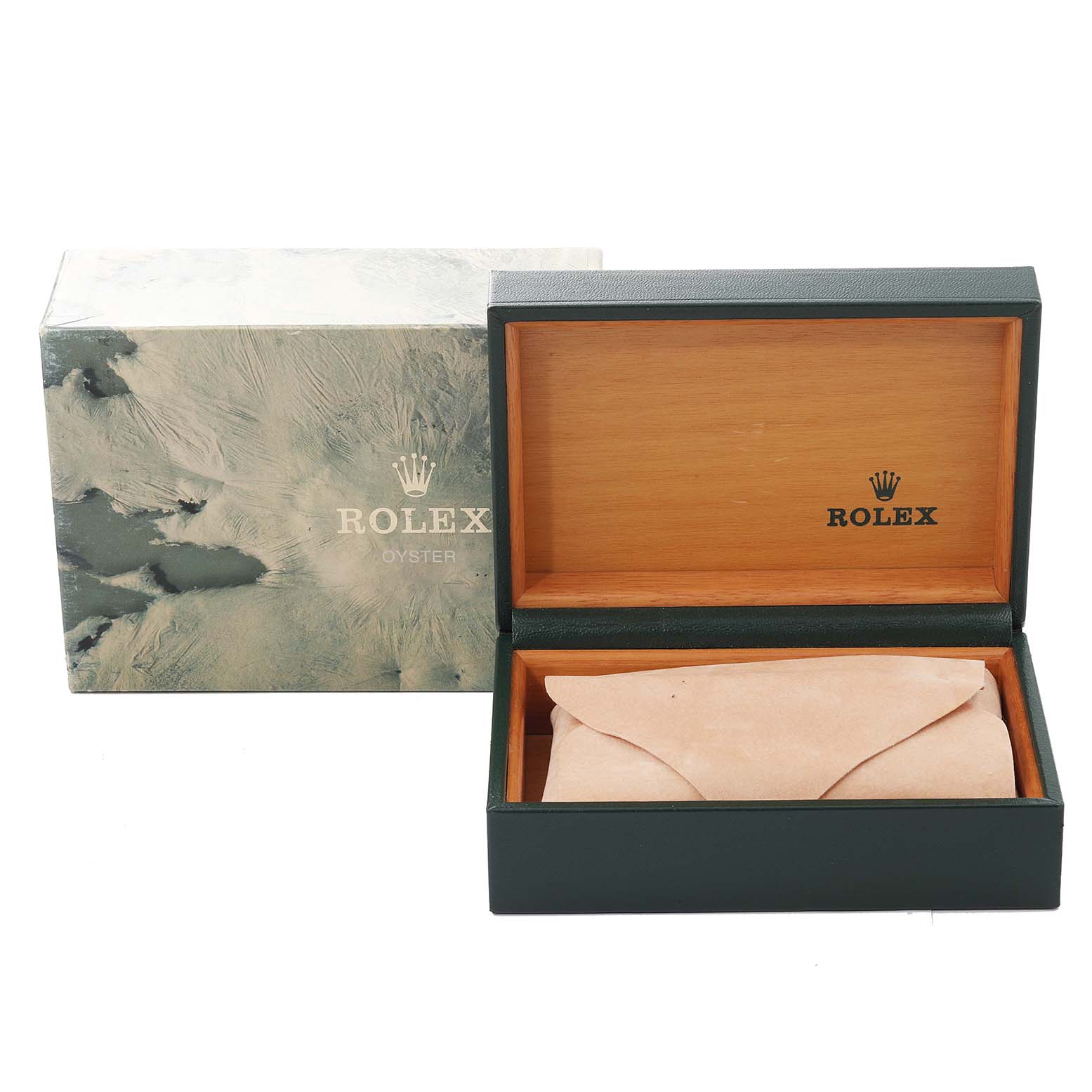 A Rolex Datejust 16233 Men's Steel and Gold (two tone) Champagne Dial 16233 Men's Steel and Gold (two tone) Champagne Dial watch box and sleeve are shown from a front angle with the box open, displaying the interior and exterior logos.