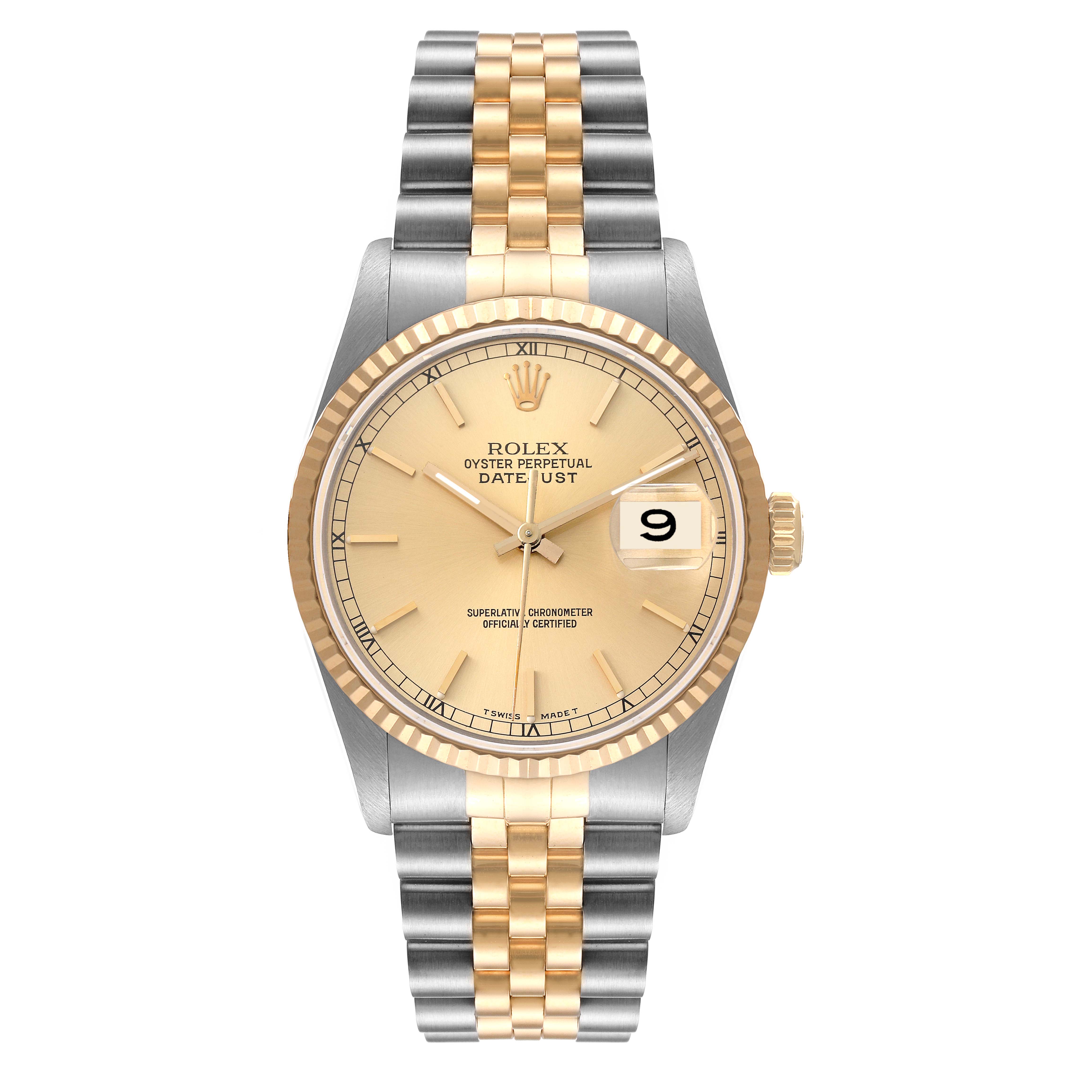 The Rolex Datejust 16233 Men's Steel and Gold (two tone) Champagne Dial 16233 Men's Steel and Gold (two tone) Champagne Dial watch is shown from a top-down angle, highlighting the face, bezel, and two-tone bracelet.