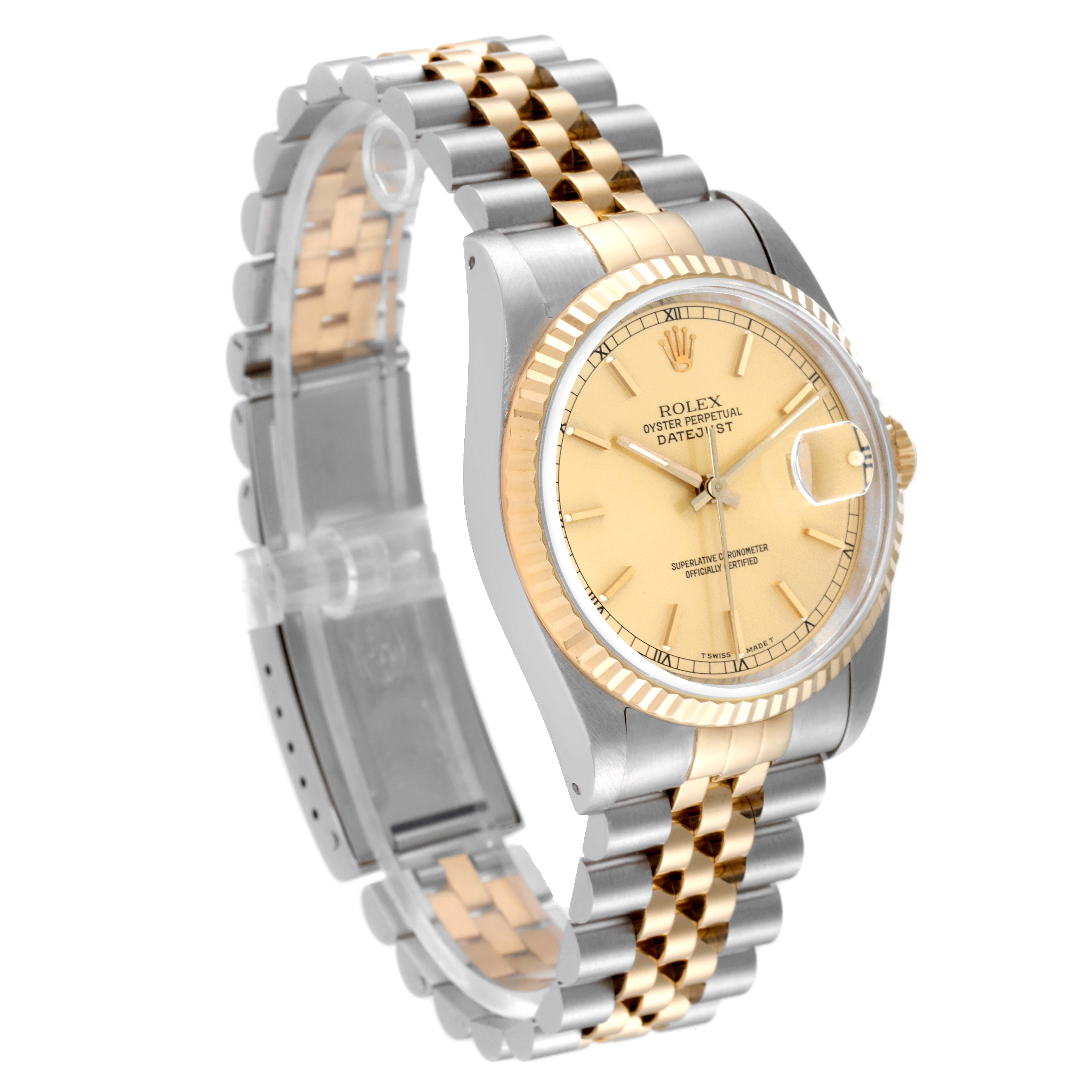 This Rolex Datejust 16233 Men's Steel and Gold (two tone) Champagne Dial 16233 Men's Steel and Gold (two tone) Champagne Dial model is shown at a three-quarter angle highlighting its two-tone bracelet, fluted bezel, and champagne dial.